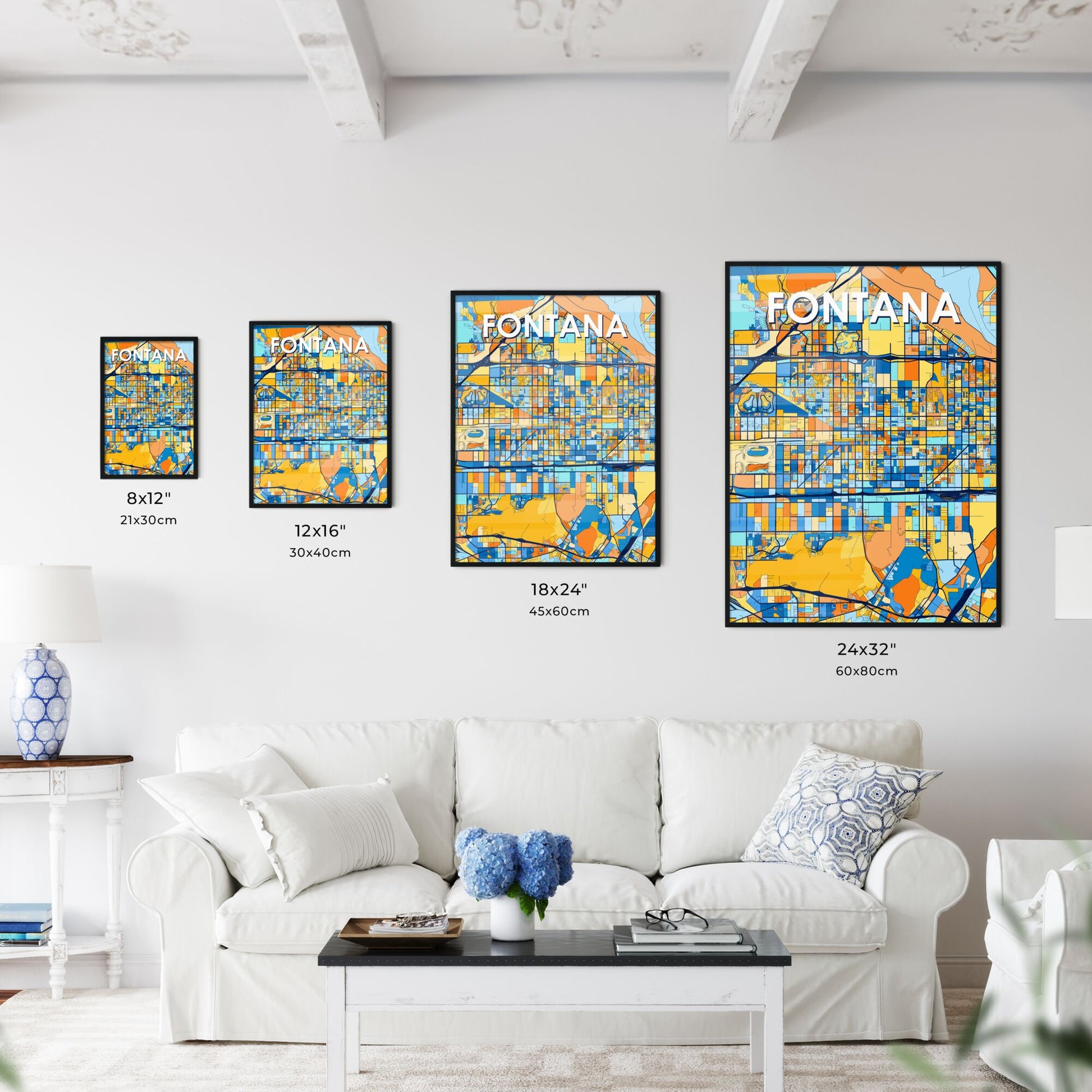 FONTANA CALIFORNIA Vibrant Colorful Art Map Poster Blue Orange