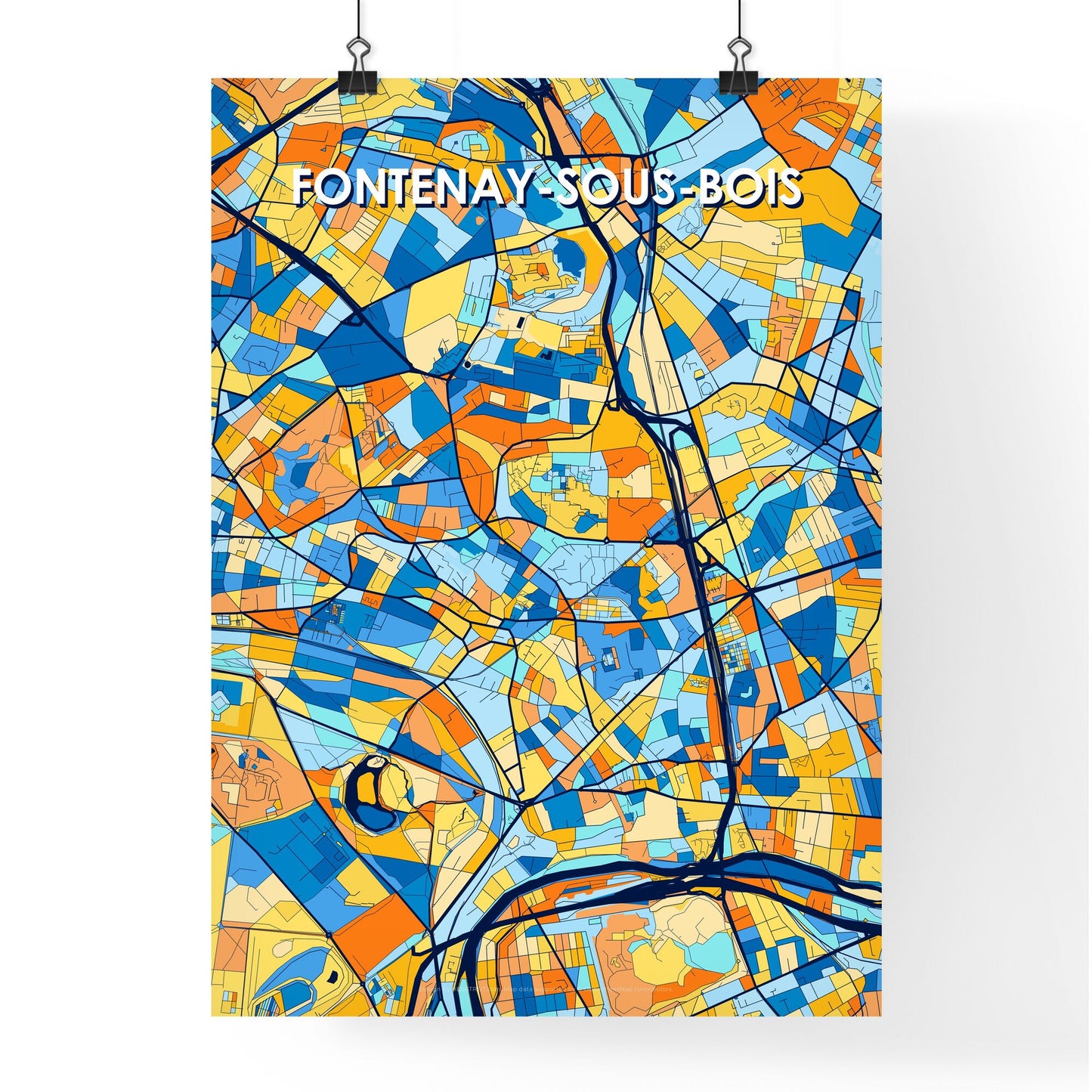 FONTENAY-SOUS-BOIS FRANCE Vibrant Colorful Art Map Poster Blue Orange