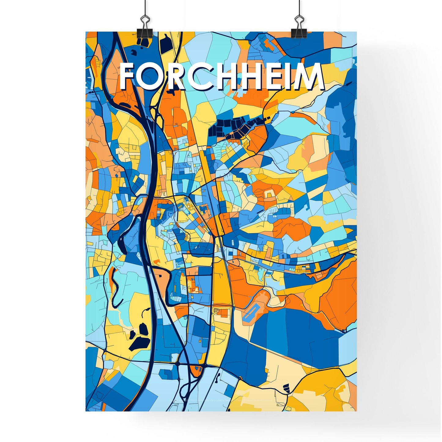 FORCHHEIM GERMANY Vibrant Colorful Art Map Poster Blue Orange