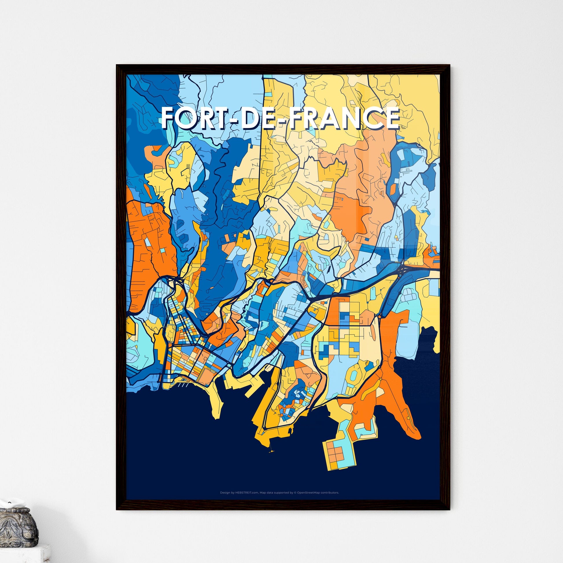 FORT-DE-FRANCE FRANCE Vibrant Colorful Art Map Poster Blue Orange