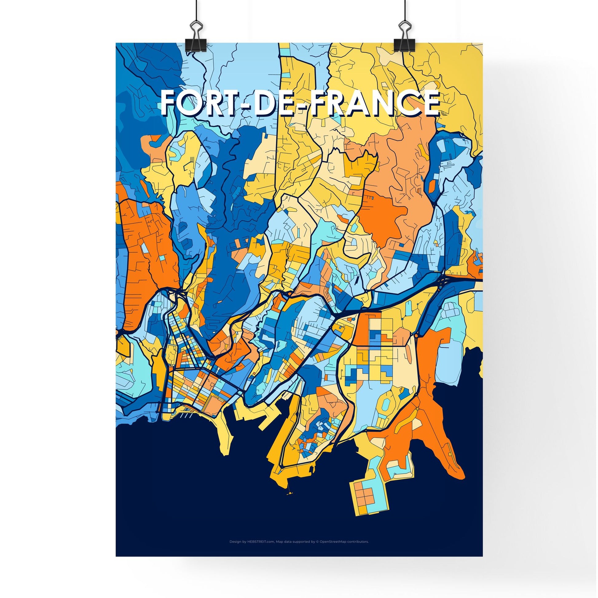 FORT-DE-FRANCE FRANCE Vibrant Colorful Art Map Poster Blue Orange