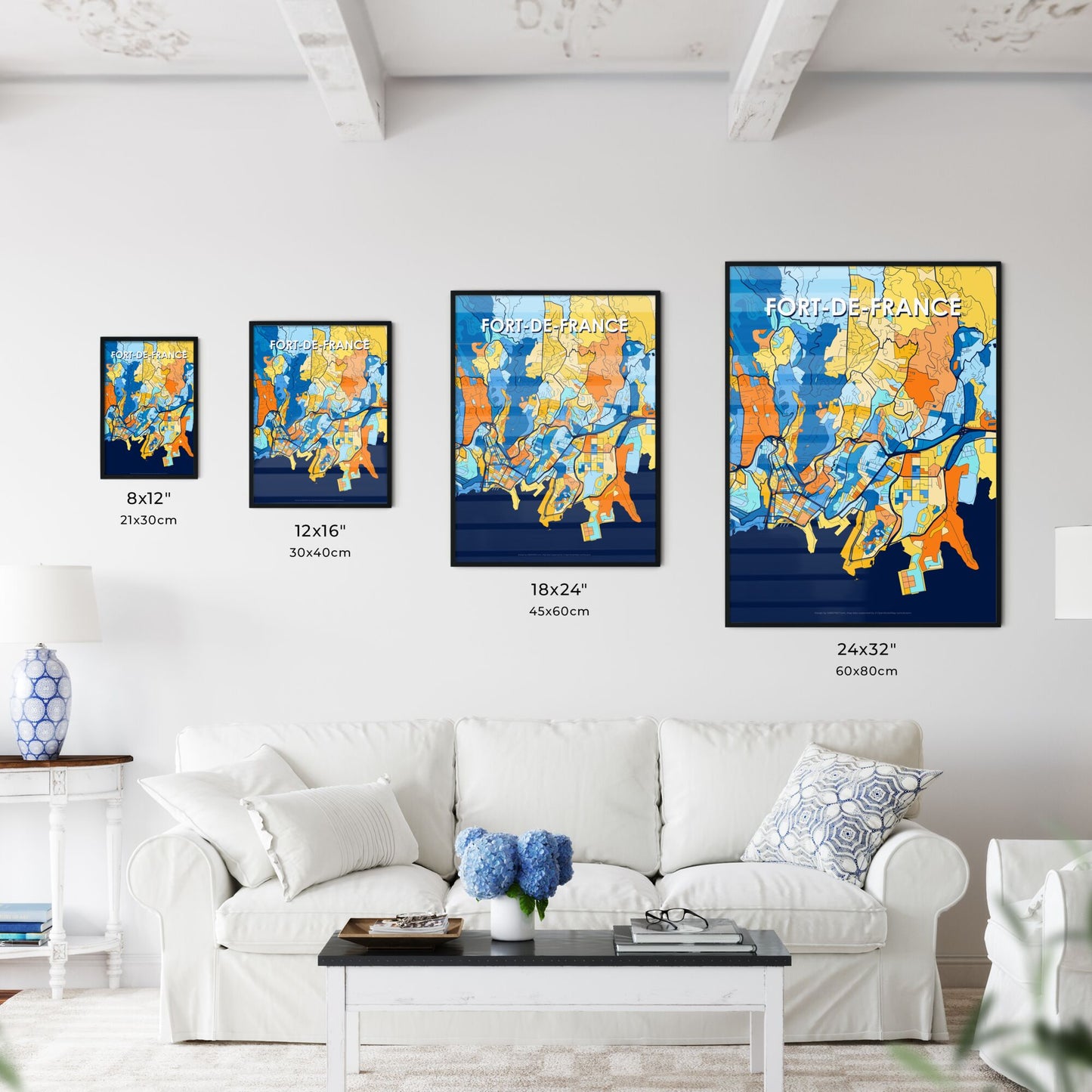 FORT-DE-FRANCE FRANCE Vibrant Colorful Art Map Poster Blue Orange