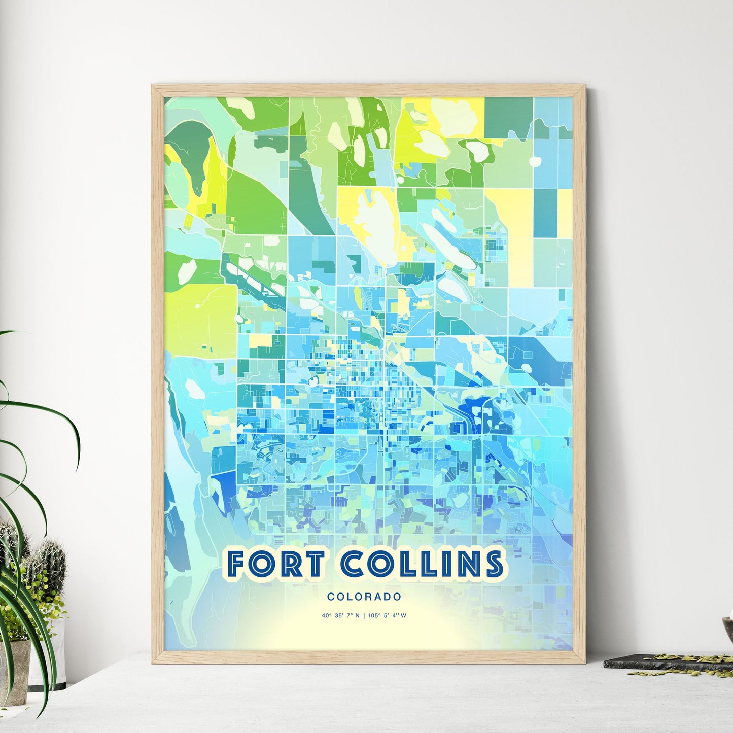 Colorful Fort Collins Colorado Fine Art Map Cool Blue