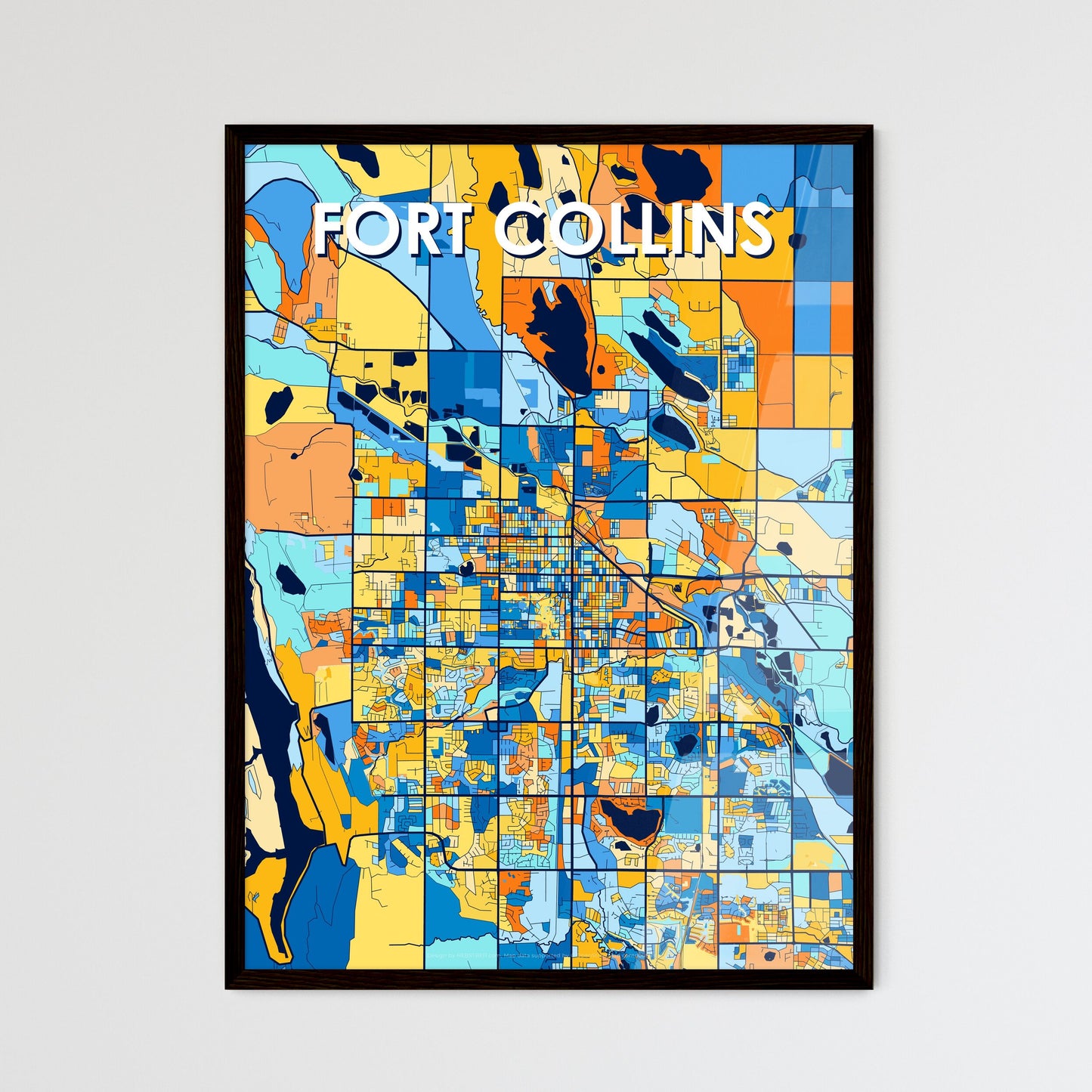 FORT COLLINS COLORADO Vibrant Colorful Art Map Poster Blue Orange