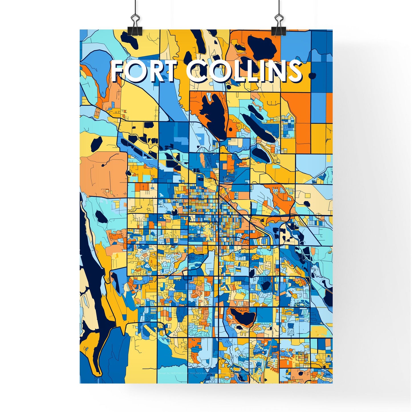 FORT COLLINS COLORADO Vibrant Colorful Art Map Poster Blue Orange