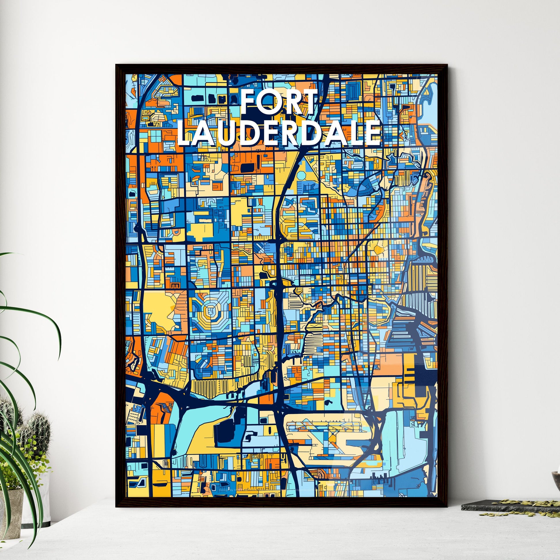 FORT LAUDERDALE FLORIDA Vibrant Colorful Art Map Poster Blue Orange