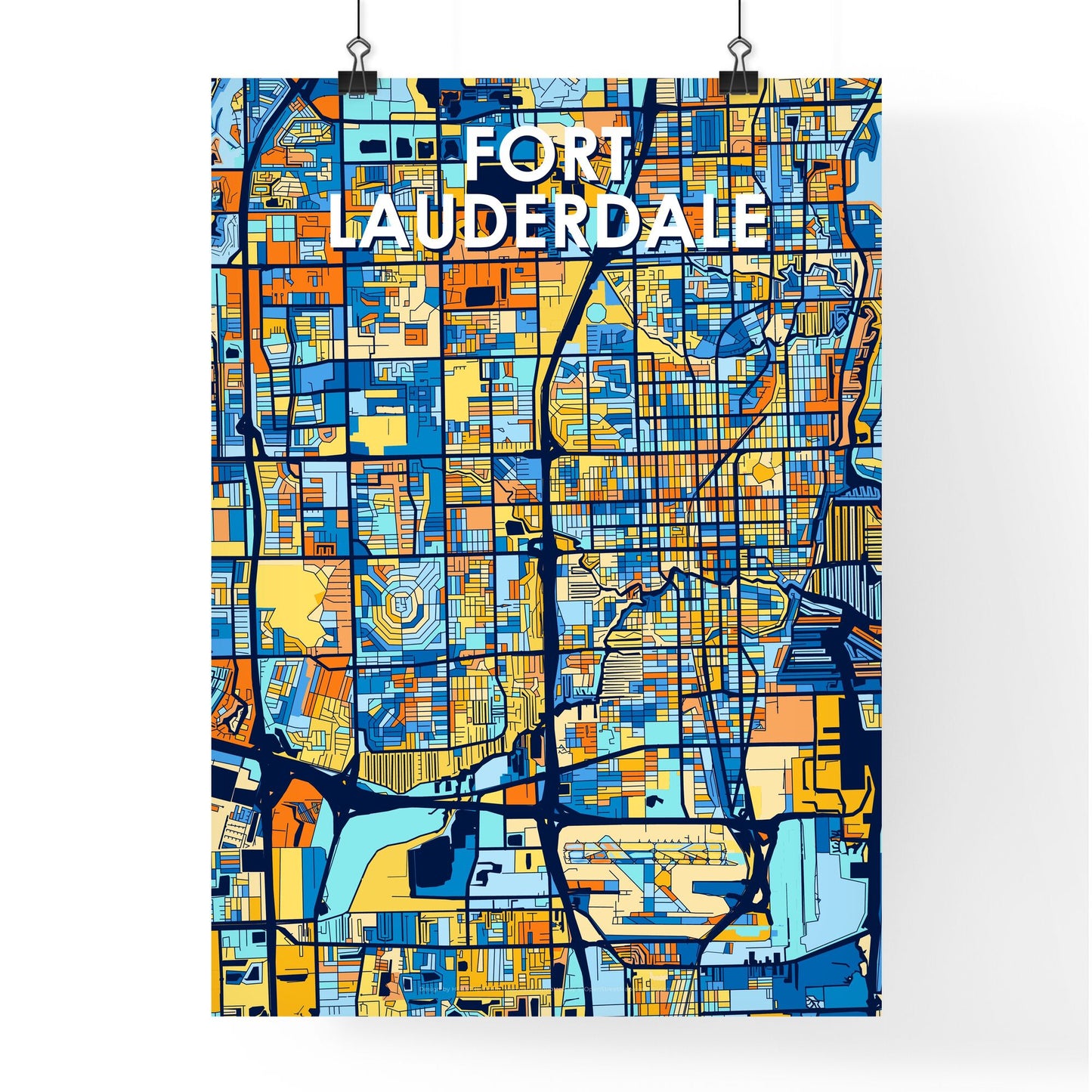 FORT LAUDERDALE FLORIDA Vibrant Colorful Art Map Poster Blue Orange