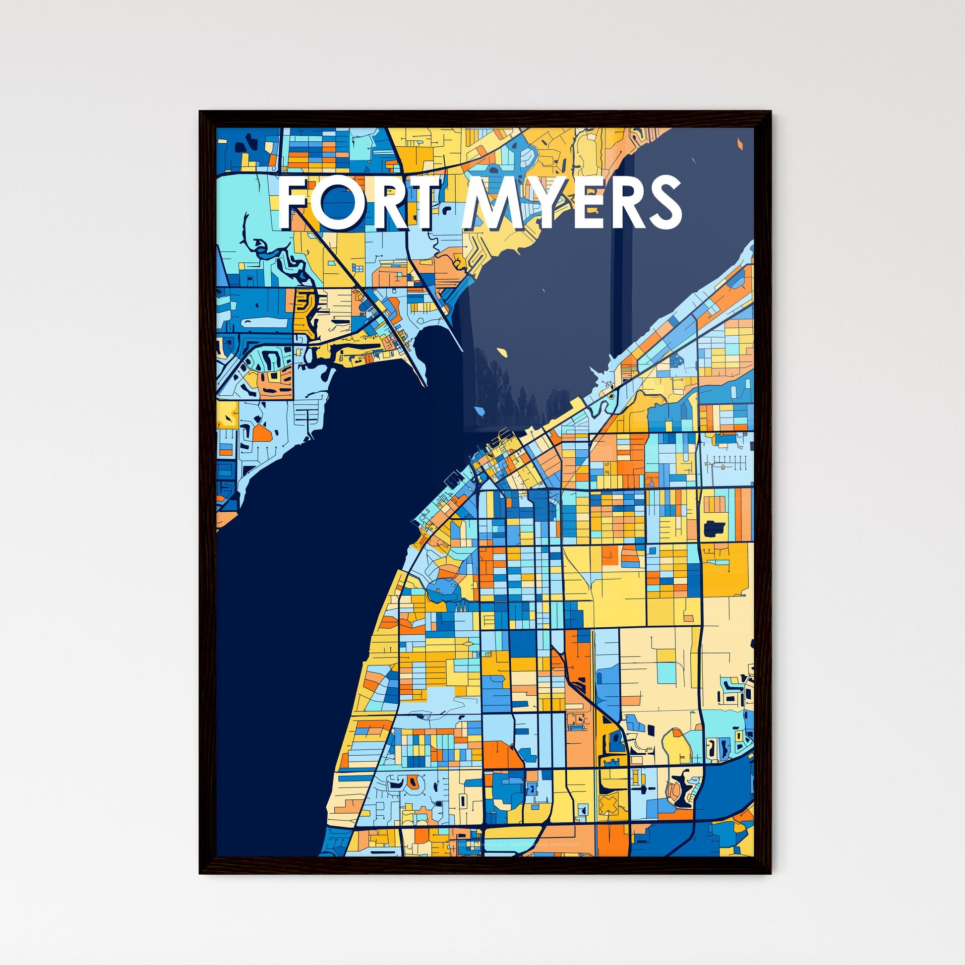 FORT MYERS FLORIDA Vibrant Colorful Art Map Poster Blue Orange