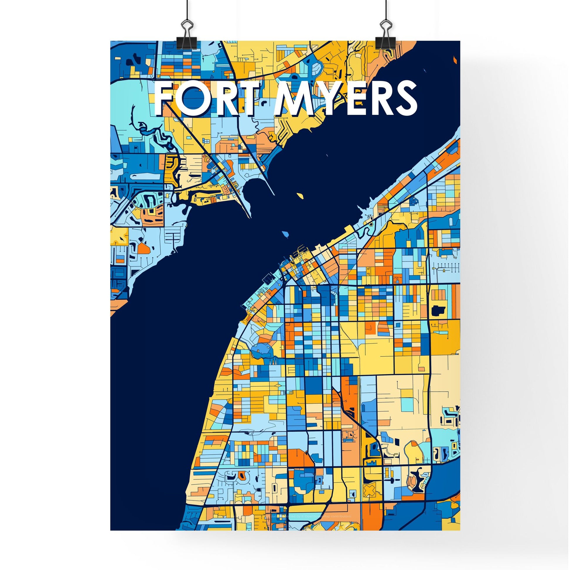 FORT MYERS FLORIDA Vibrant Colorful Art Map Poster Blue Orange