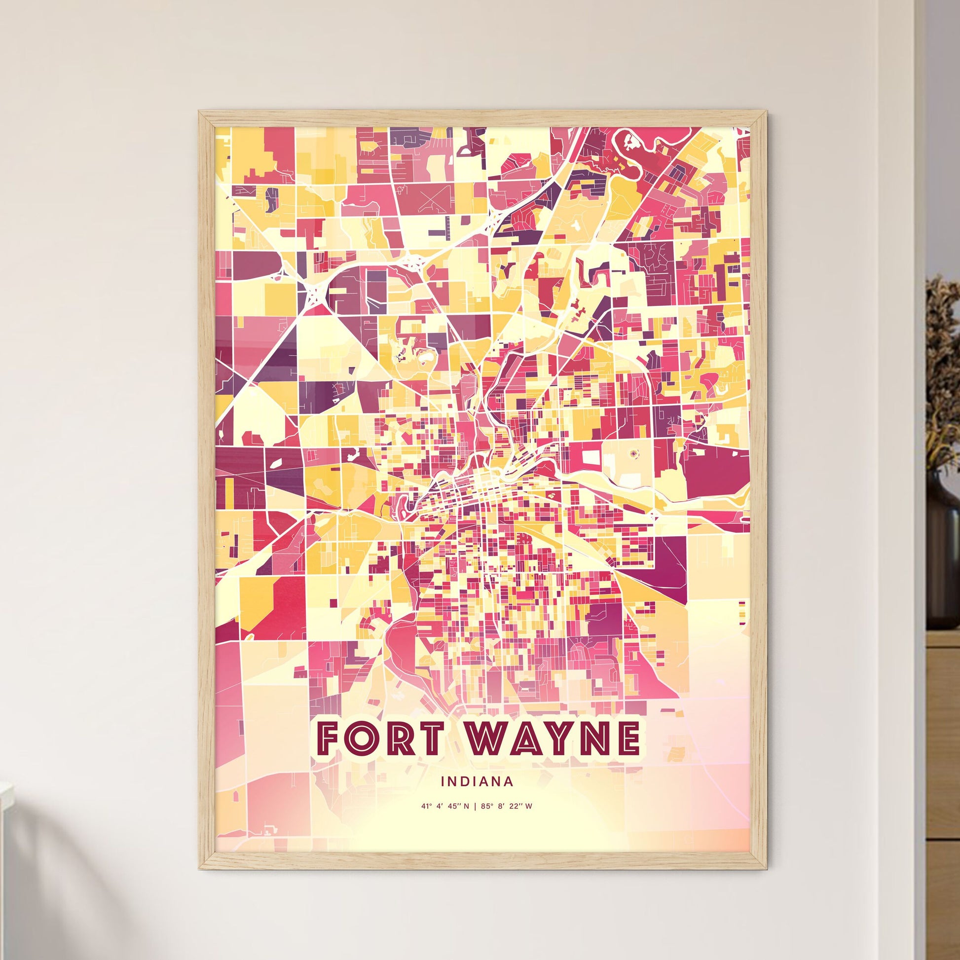 Colorful Fort Wayne Indiana Fine Art Map Hot Red