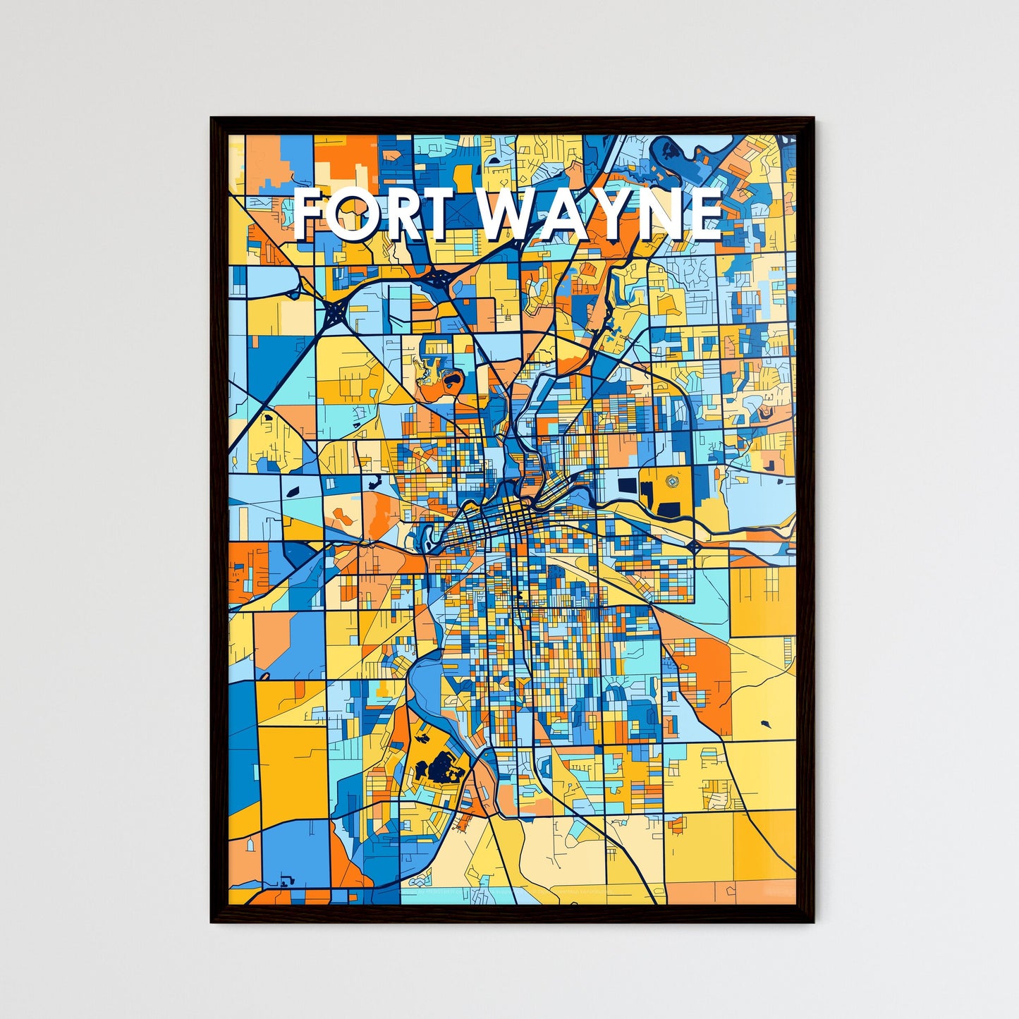 FORT WAYNE INDIANA Vibrant Colorful Art Map Poster Blue Orange