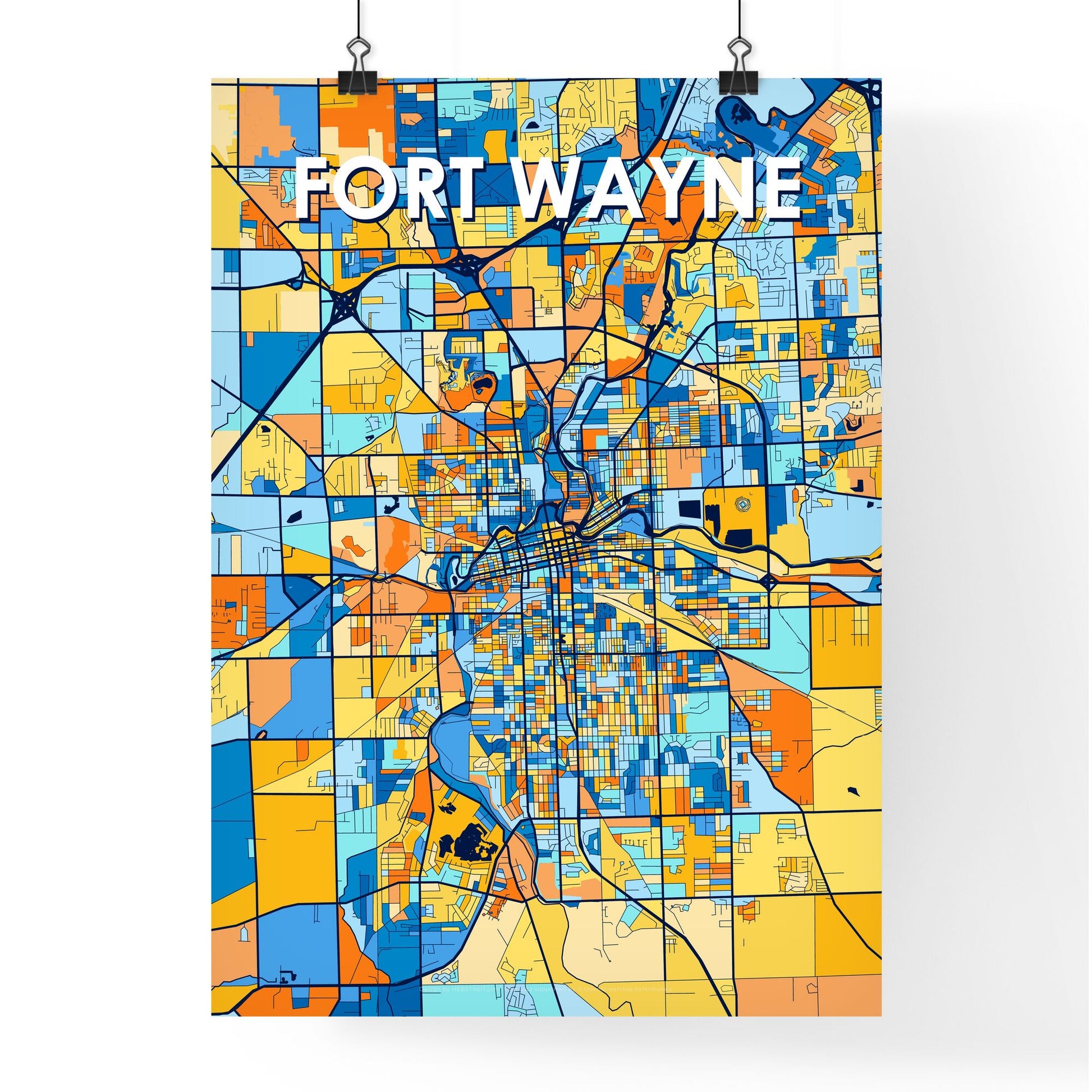 FORT WAYNE INDIANA Vibrant Colorful Art Map Poster Blue Orange