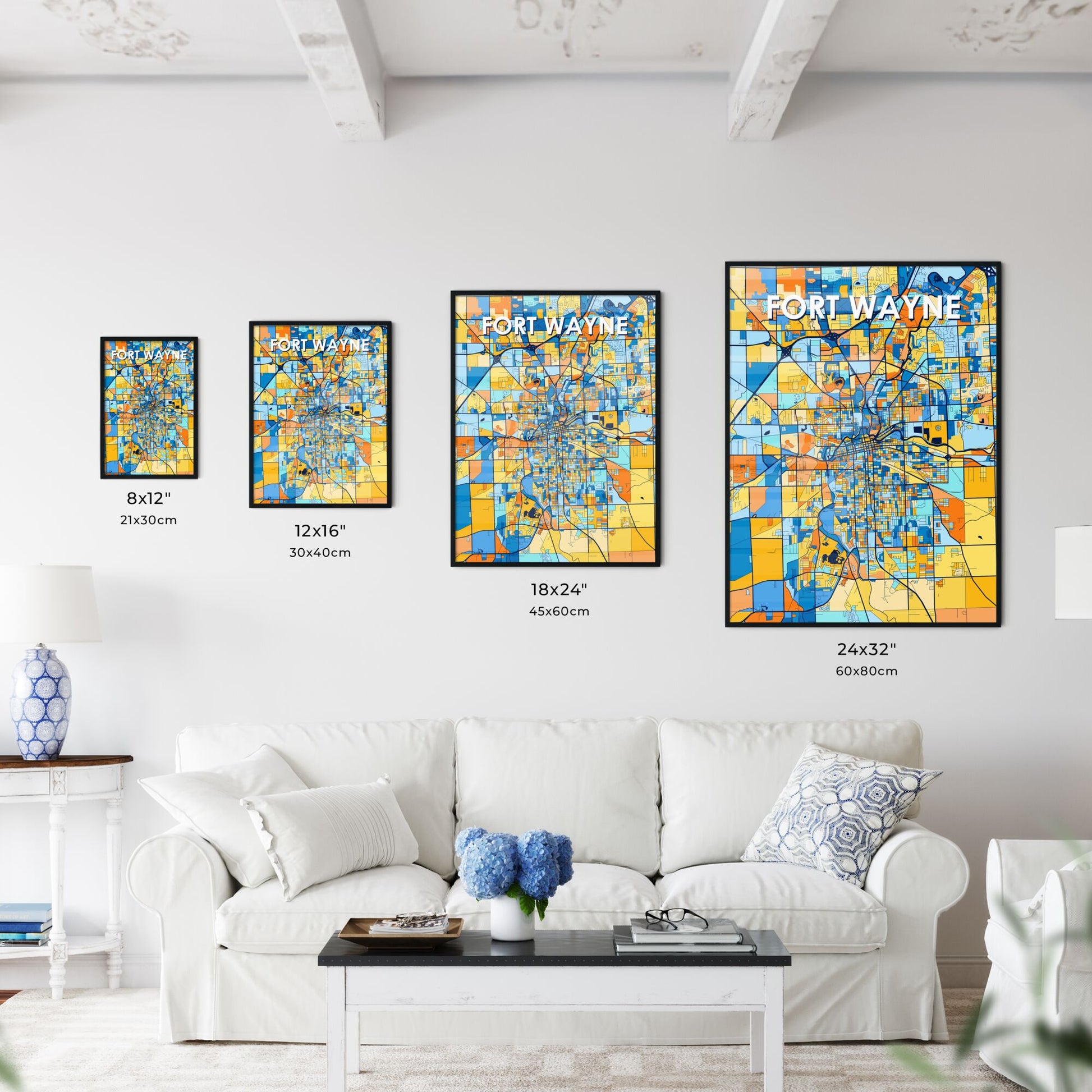 FORT WAYNE INDIANA Vibrant Colorful Art Map Poster Blue Orange