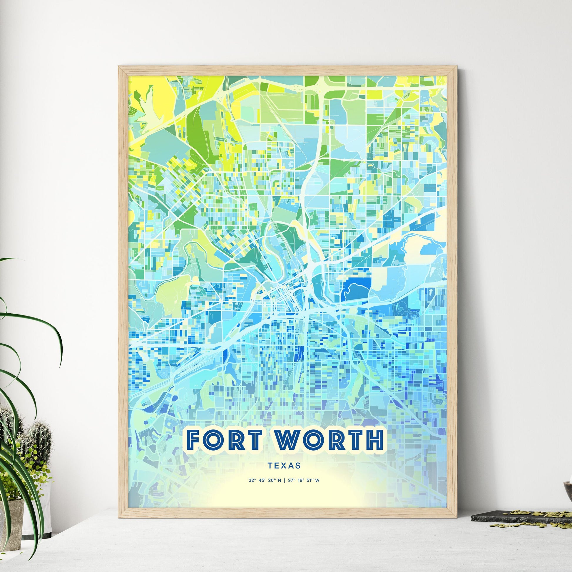 Colorful Fort Worth Texas Fine Art Map Cool Blue