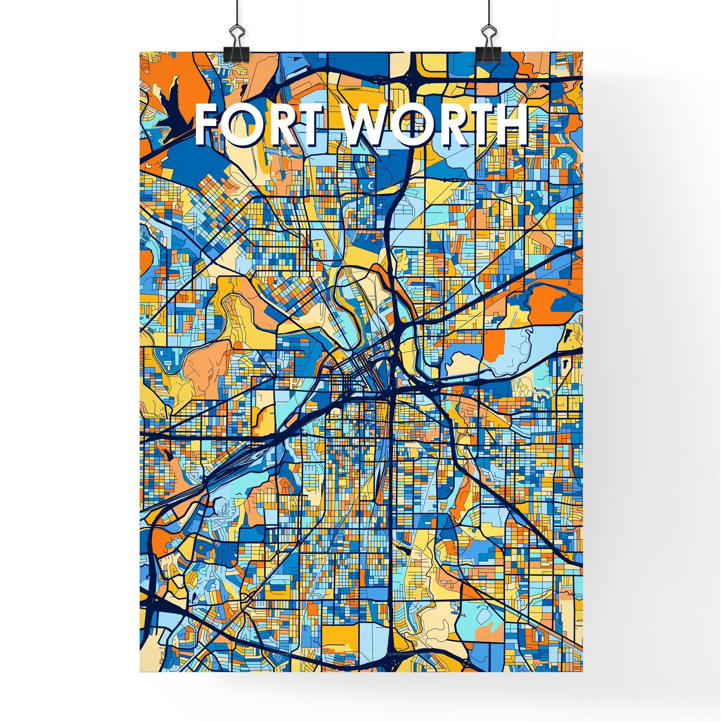 FORT WORTH TEXAS Vibrant Colorful Art Map Poster Blue Orange