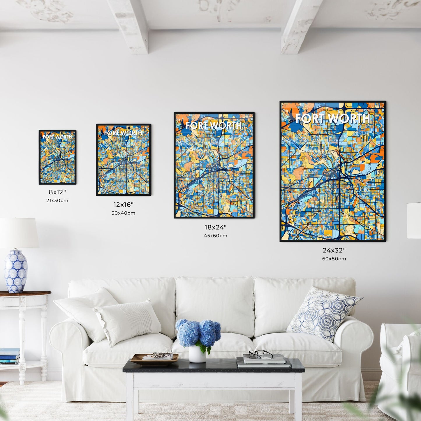 FORT WORTH TEXAS Vibrant Colorful Art Map Poster Blue Orange