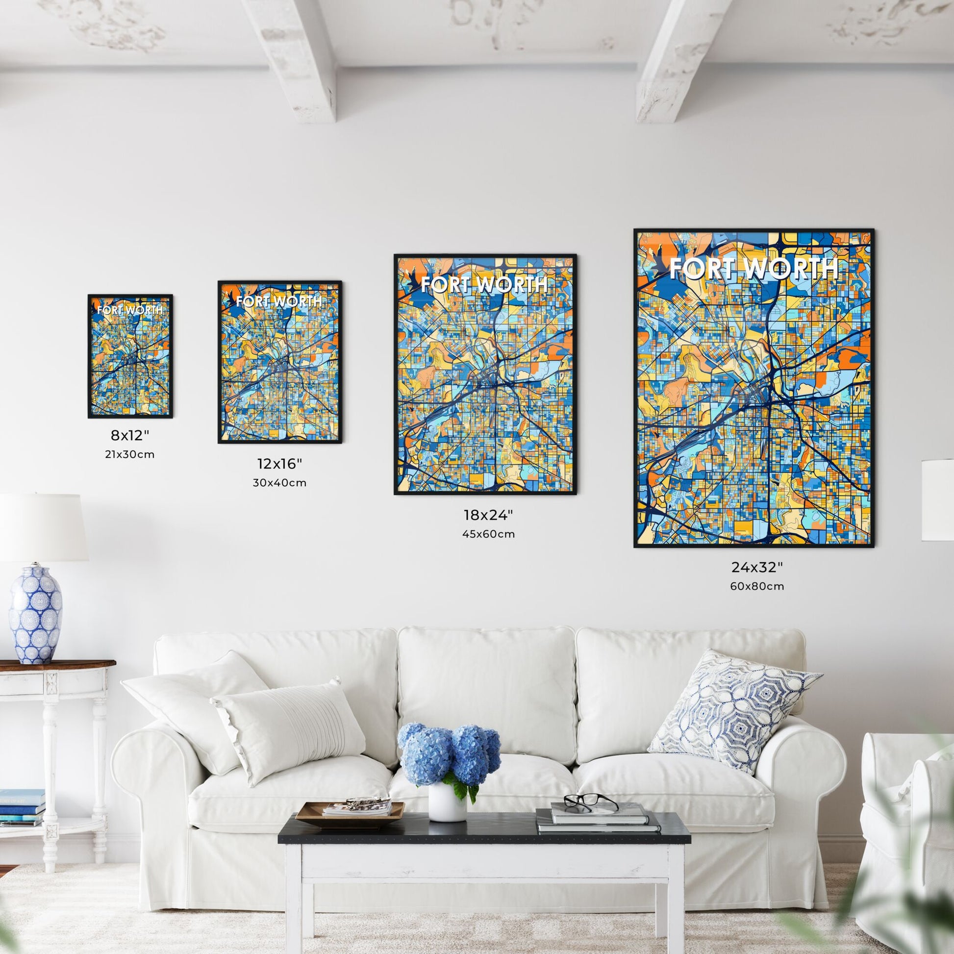 FORT WORTH TEXAS Vibrant Colorful Art Map Poster Blue Orange
