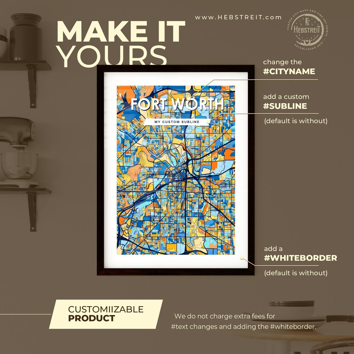 FORT WORTH TEXAS Vibrant Colorful Art Map Poster Blue Orange