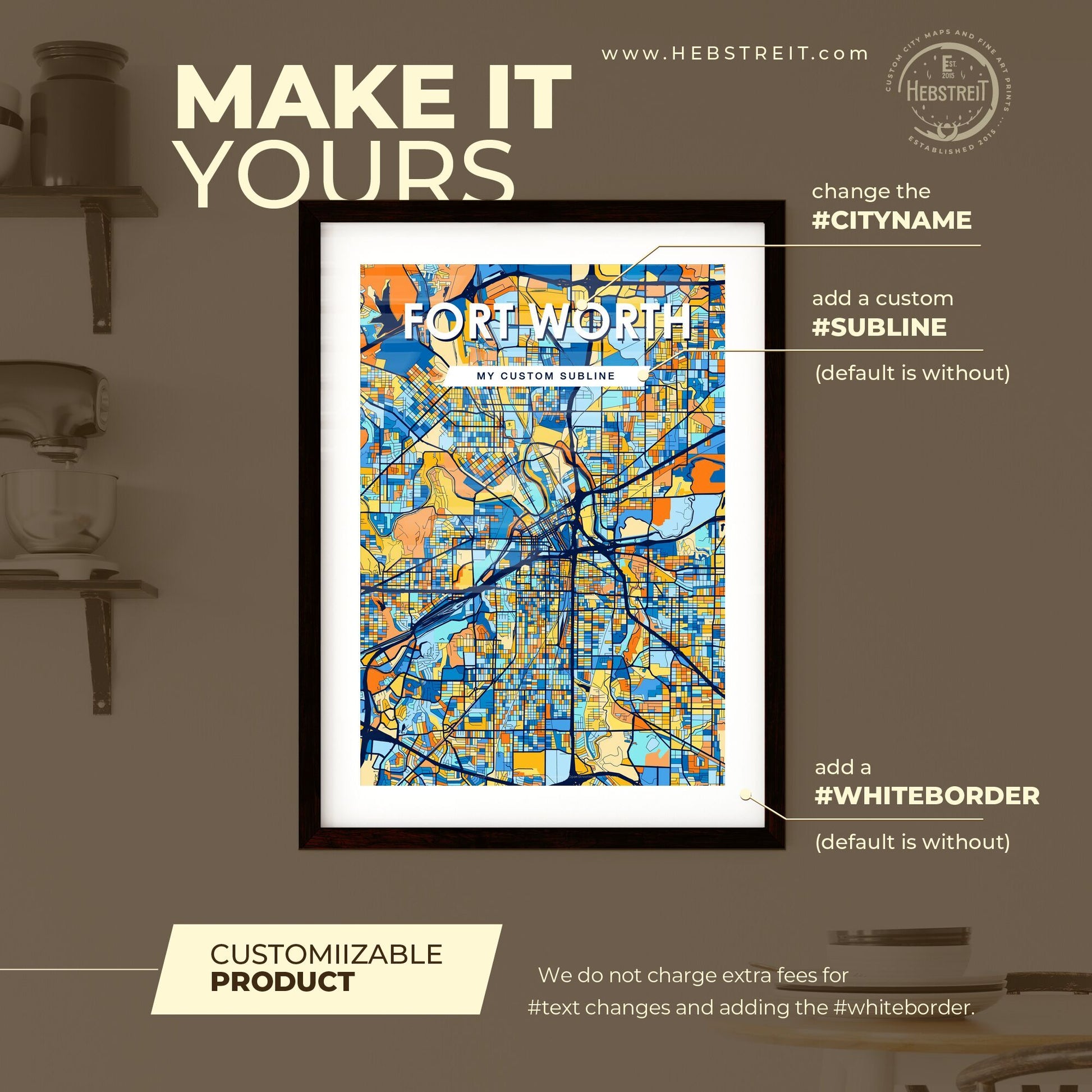 FORT WORTH TEXAS Vibrant Colorful Art Map Poster Blue Orange