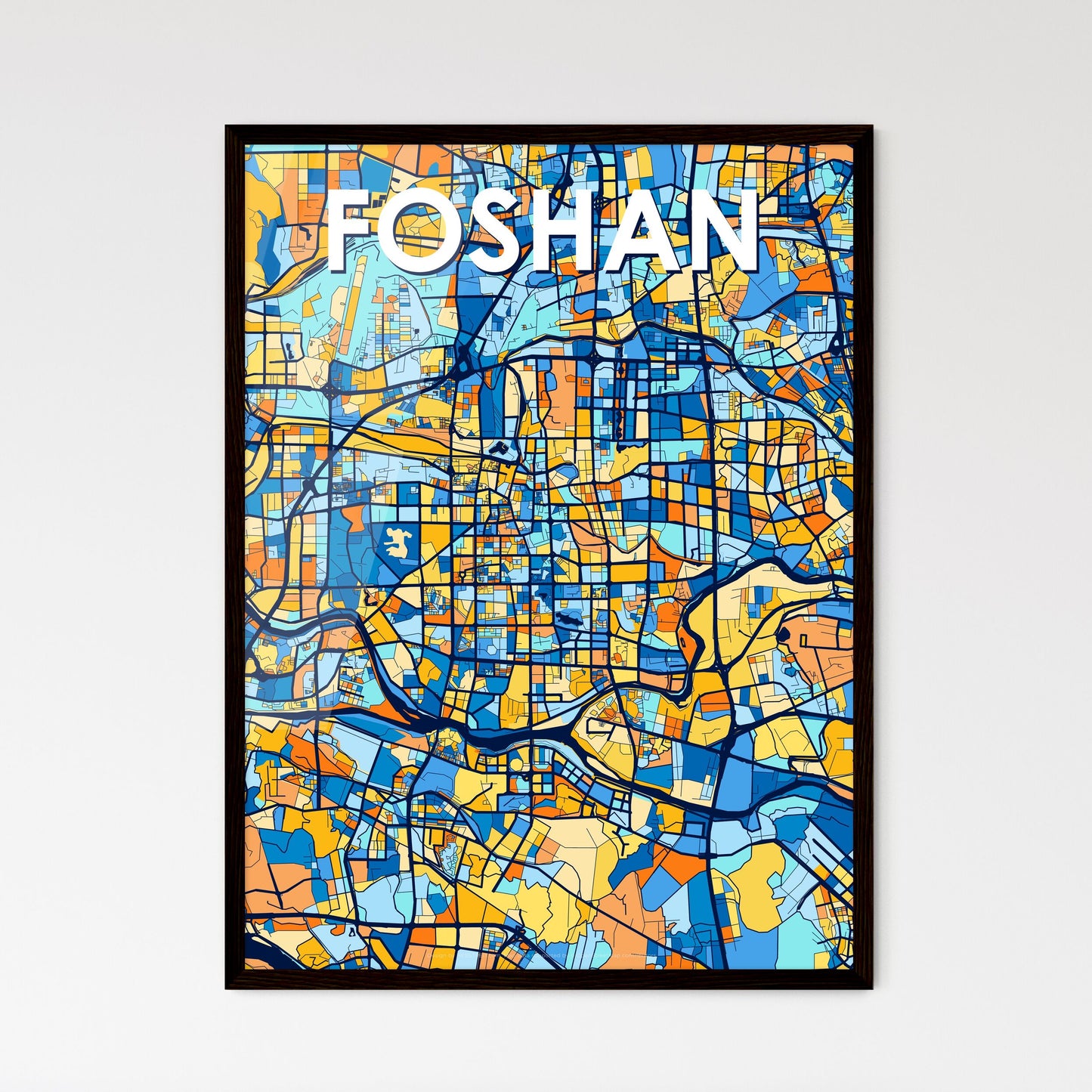 FOSHAN CHINA Vibrant Colorful Art Map Poster Blue Orange