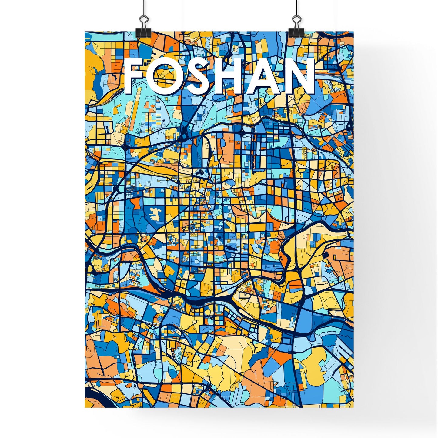 FOSHAN CHINA Vibrant Colorful Art Map Poster Blue Orange