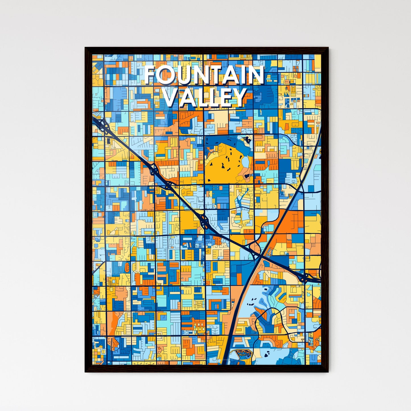 FOUNTAIN VALLEY CALIFORNIA Vibrant Colorful Art Map Poster Blue Orange