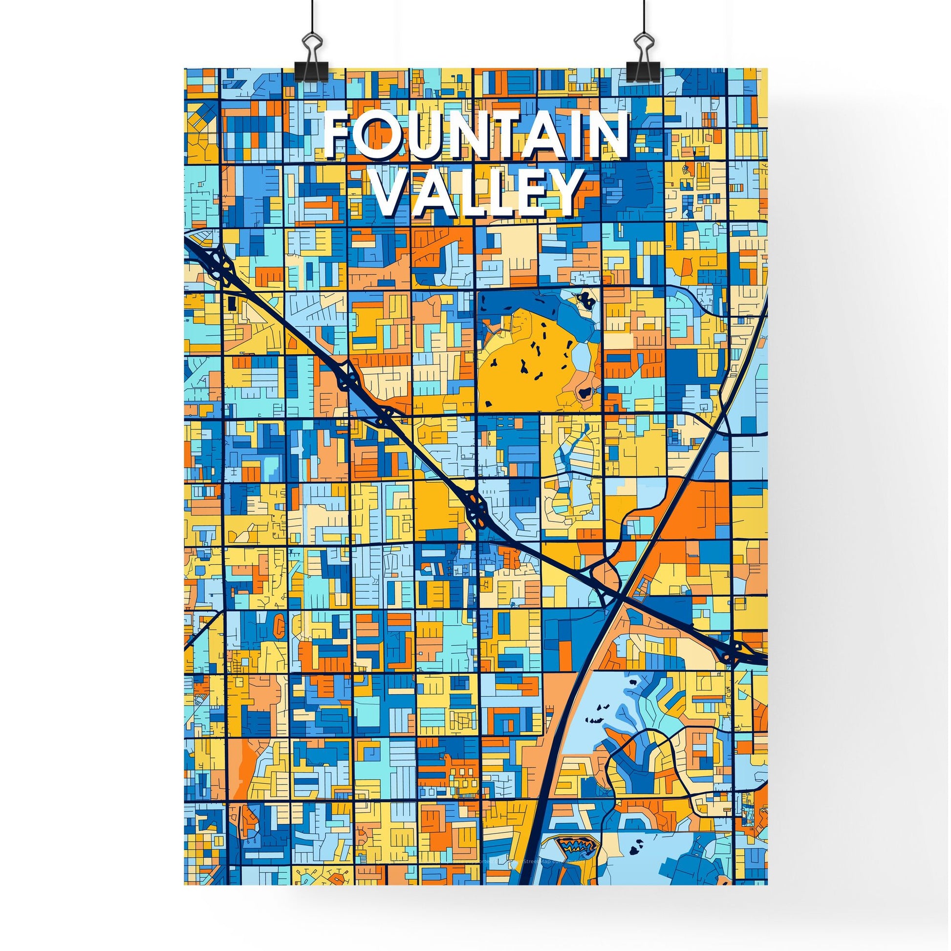 FOUNTAIN VALLEY CALIFORNIA Vibrant Colorful Art Map Poster Blue Orange