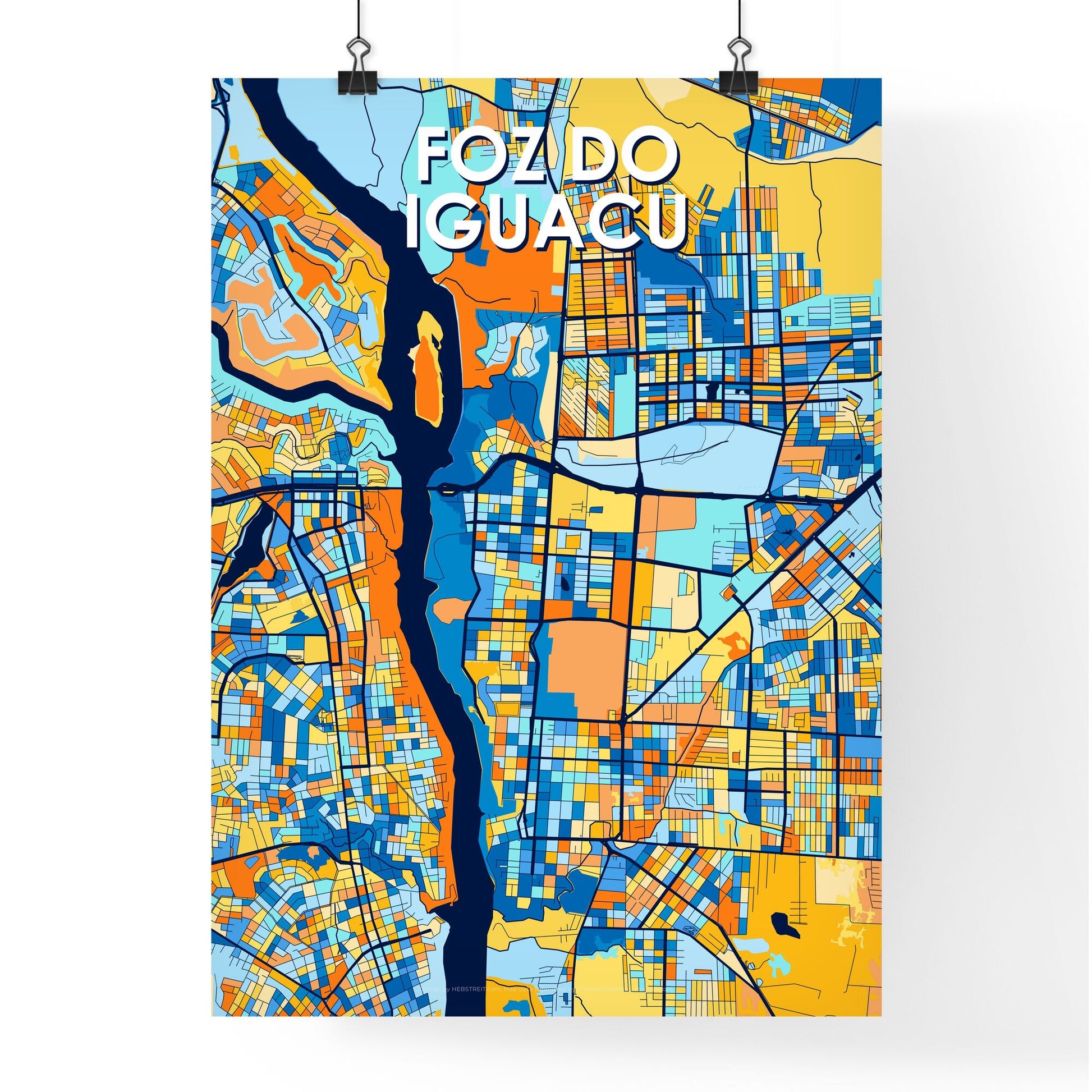 FOZ DO IGUACU BRAZIL Vibrant Colorful Art Map Poster Blue Orange