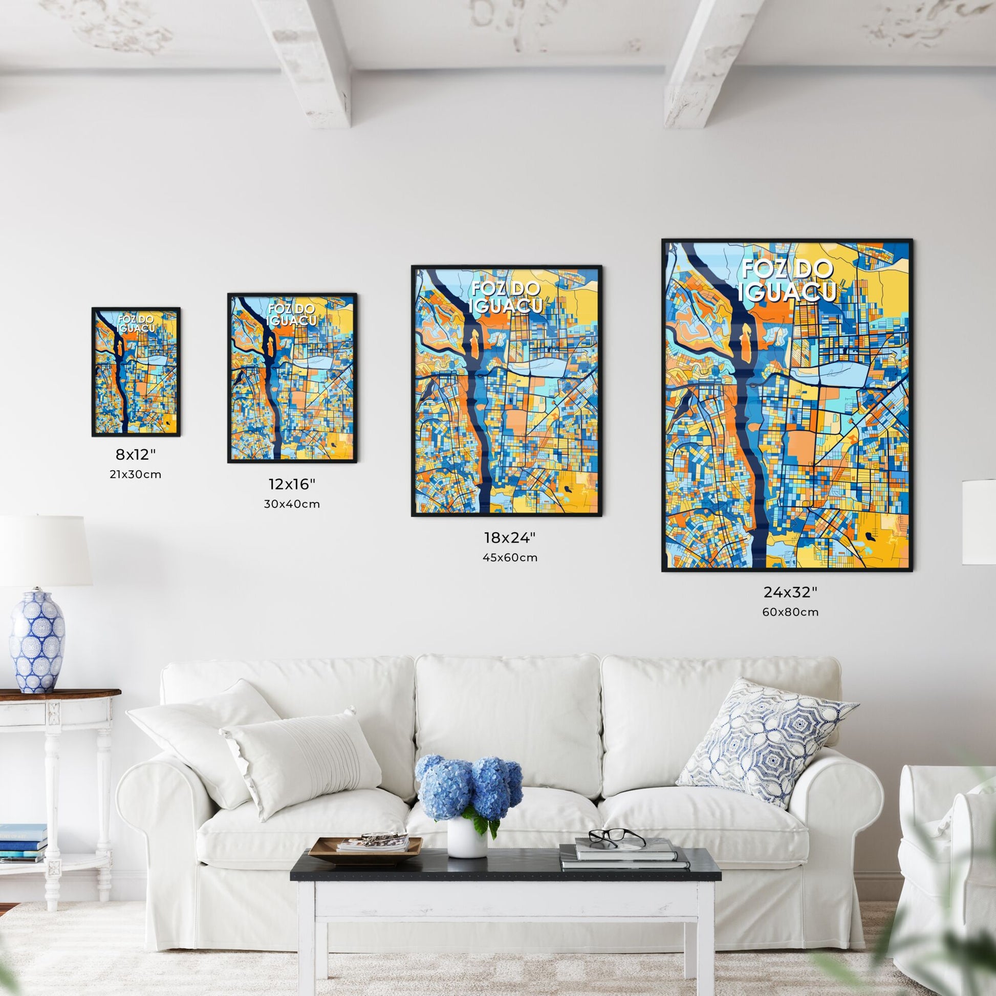 FOZ DO IGUACU BRAZIL Vibrant Colorful Art Map Poster Blue Orange