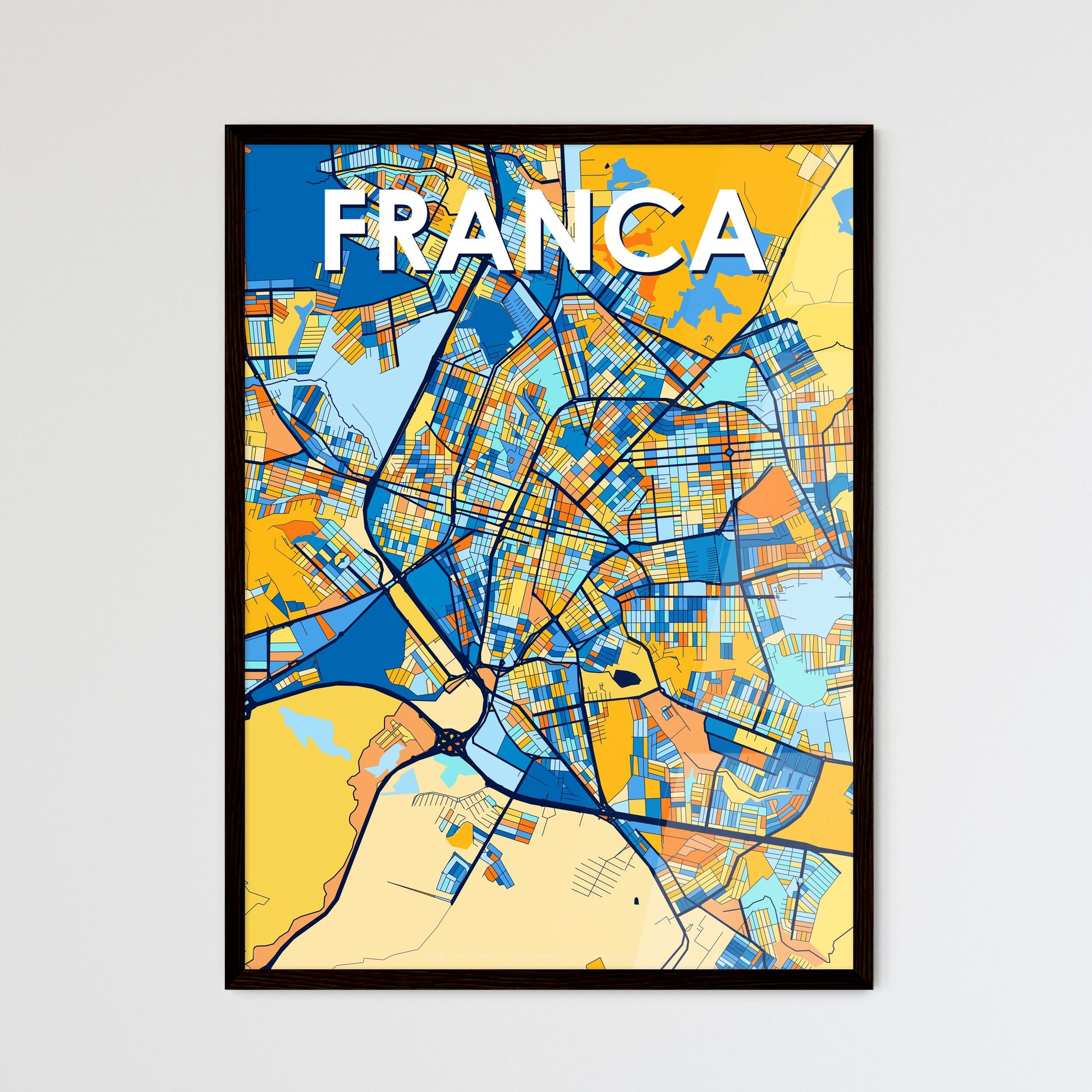 FRANCA BRAZIL Vibrant Colorful Art Map Poster Blue Orange