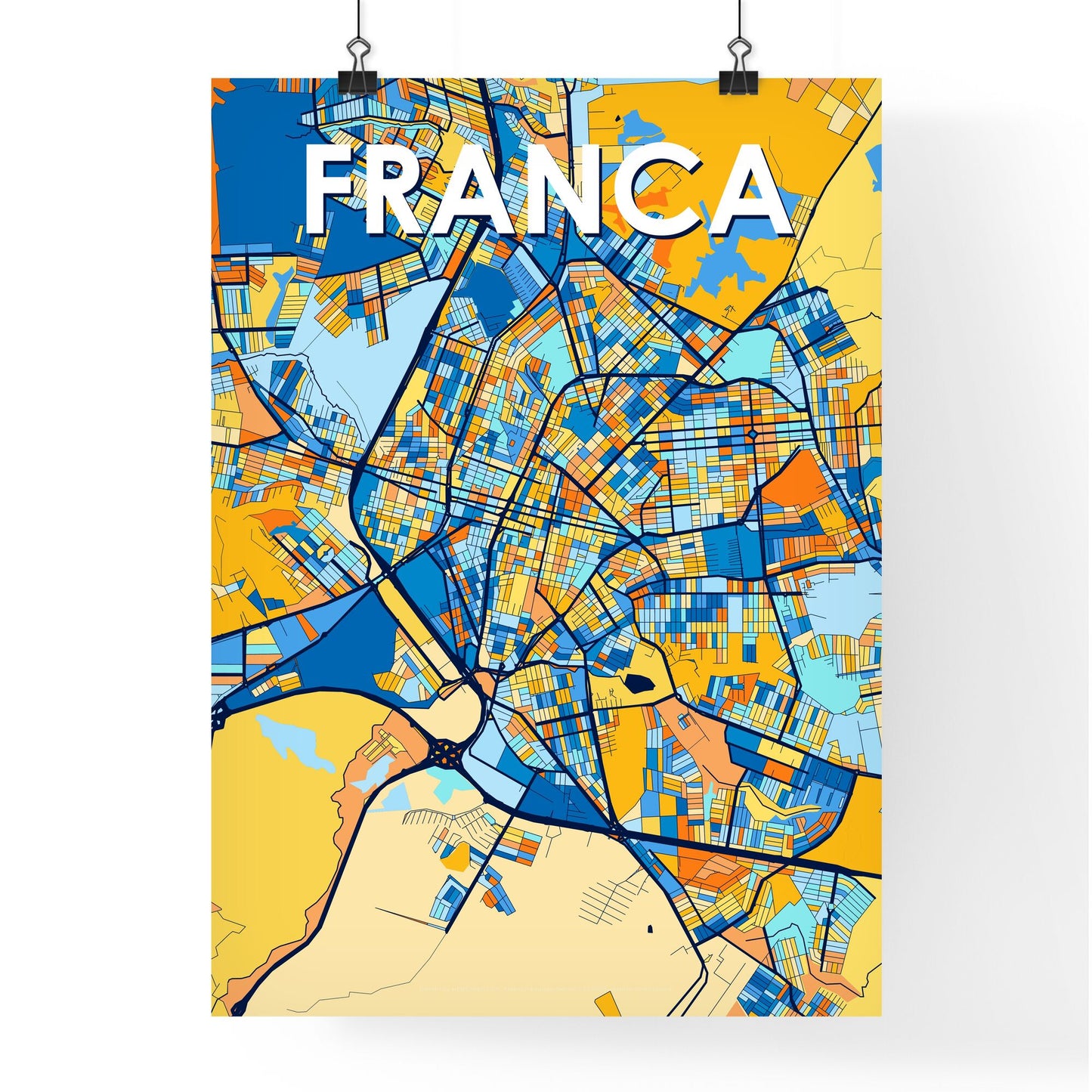 FRANCA BRAZIL Vibrant Colorful Art Map Poster Blue Orange