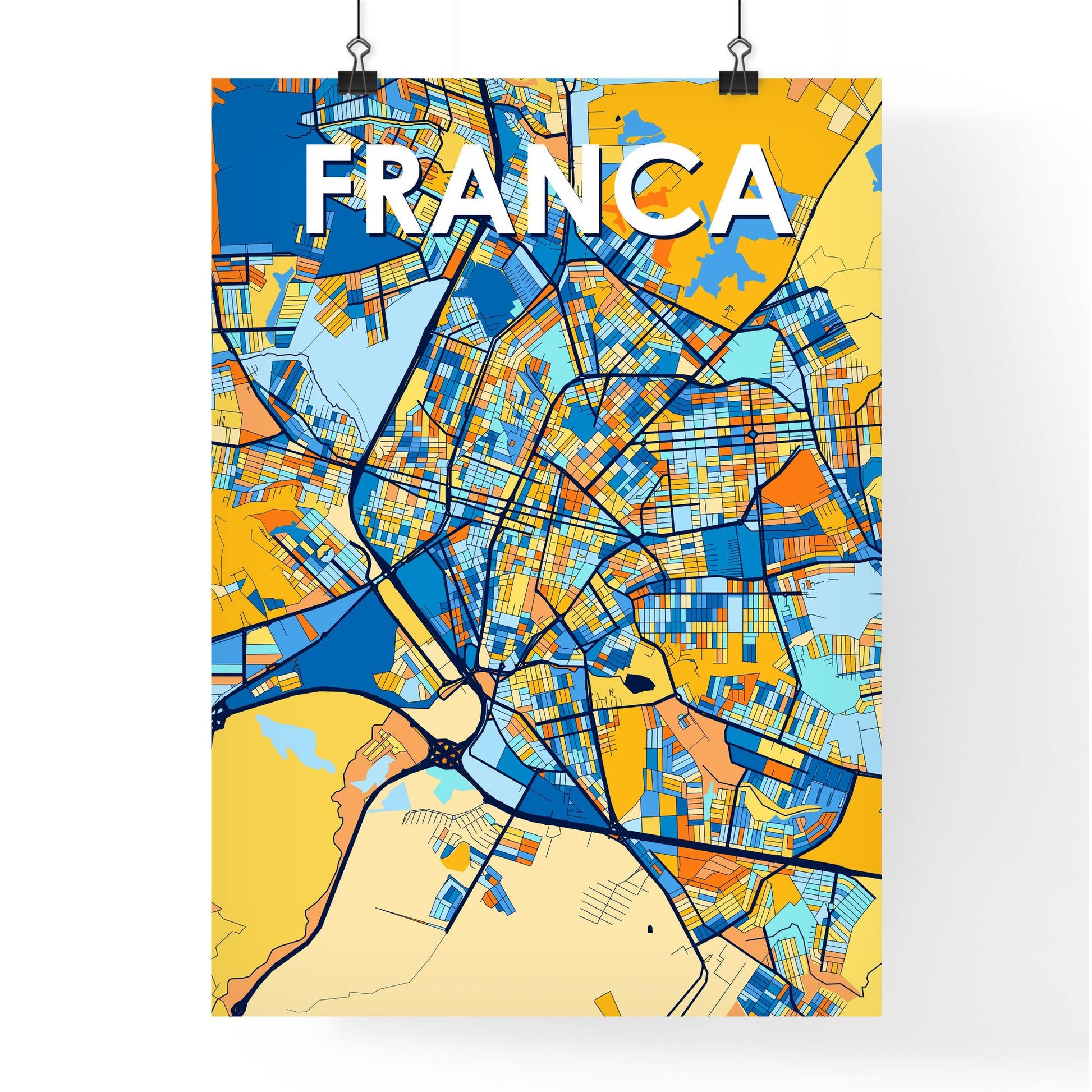 FRANCA BRAZIL Vibrant Colorful Art Map Poster Blue Orange