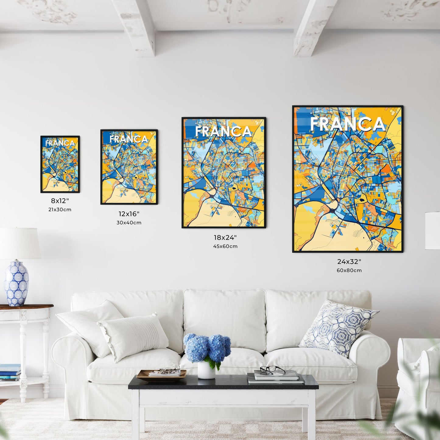 FRANCA BRAZIL Vibrant Colorful Art Map Poster Blue Orange