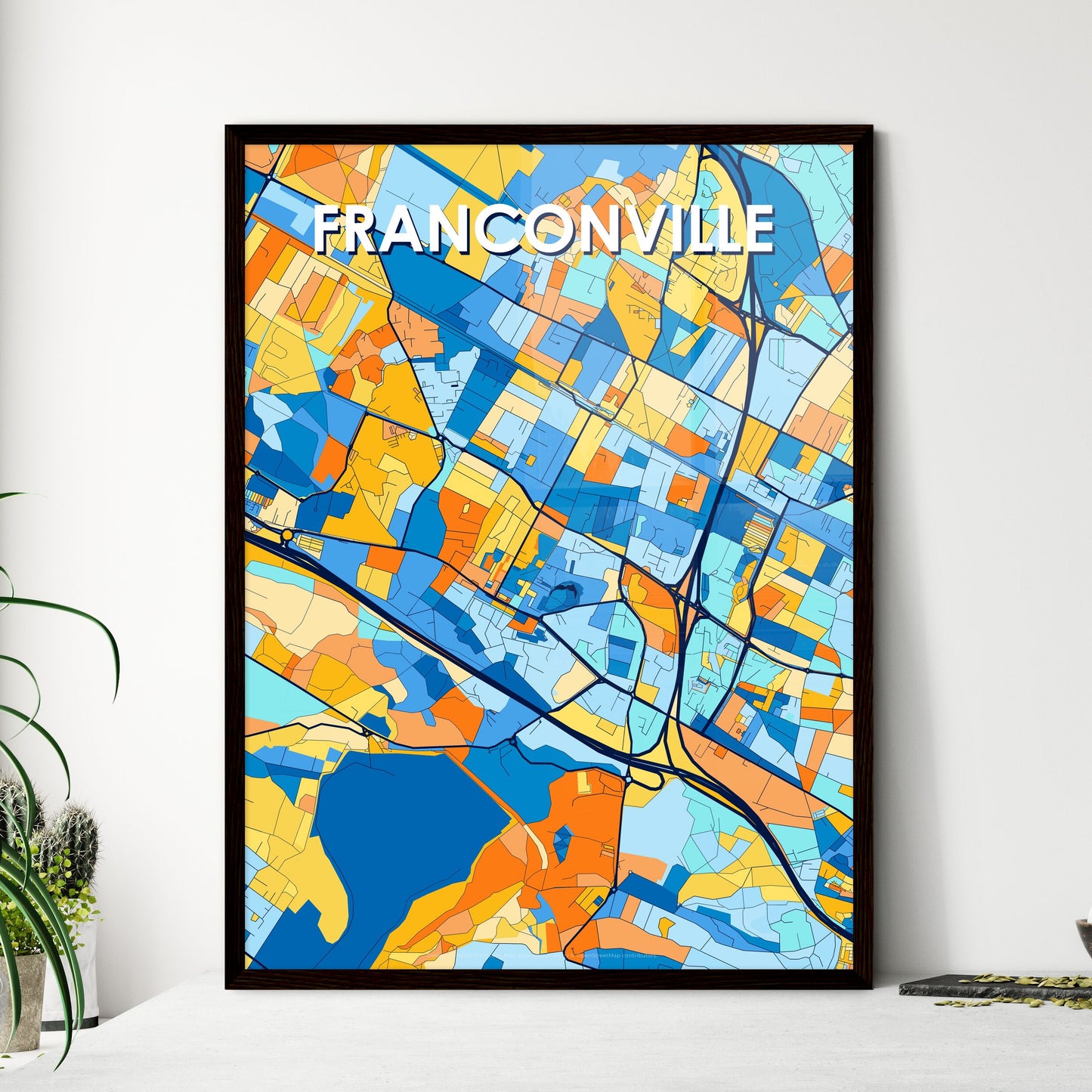 FRANCONVILLE FRANCE Vibrant Colorful Art Map Poster Blue Orange