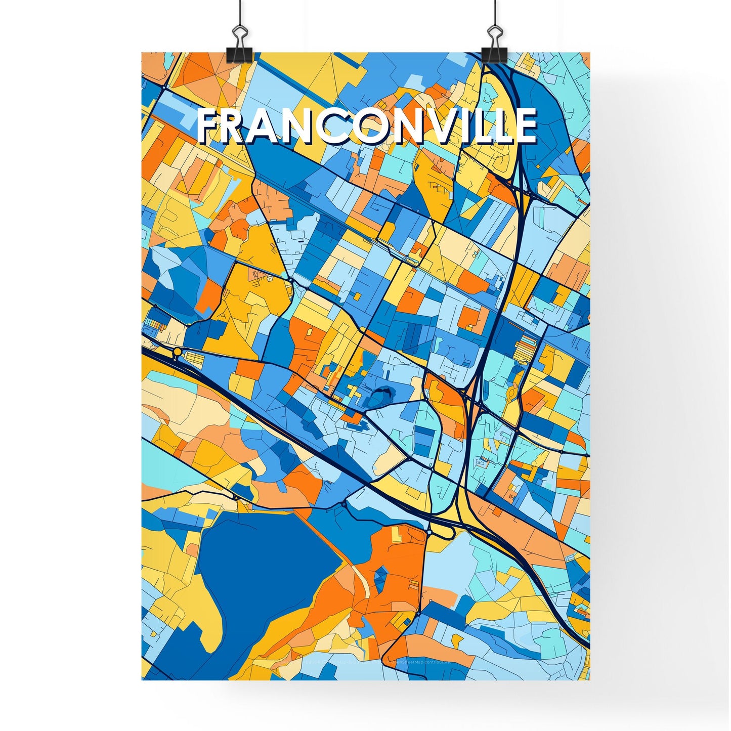 FRANCONVILLE FRANCE Vibrant Colorful Art Map Poster Blue Orange