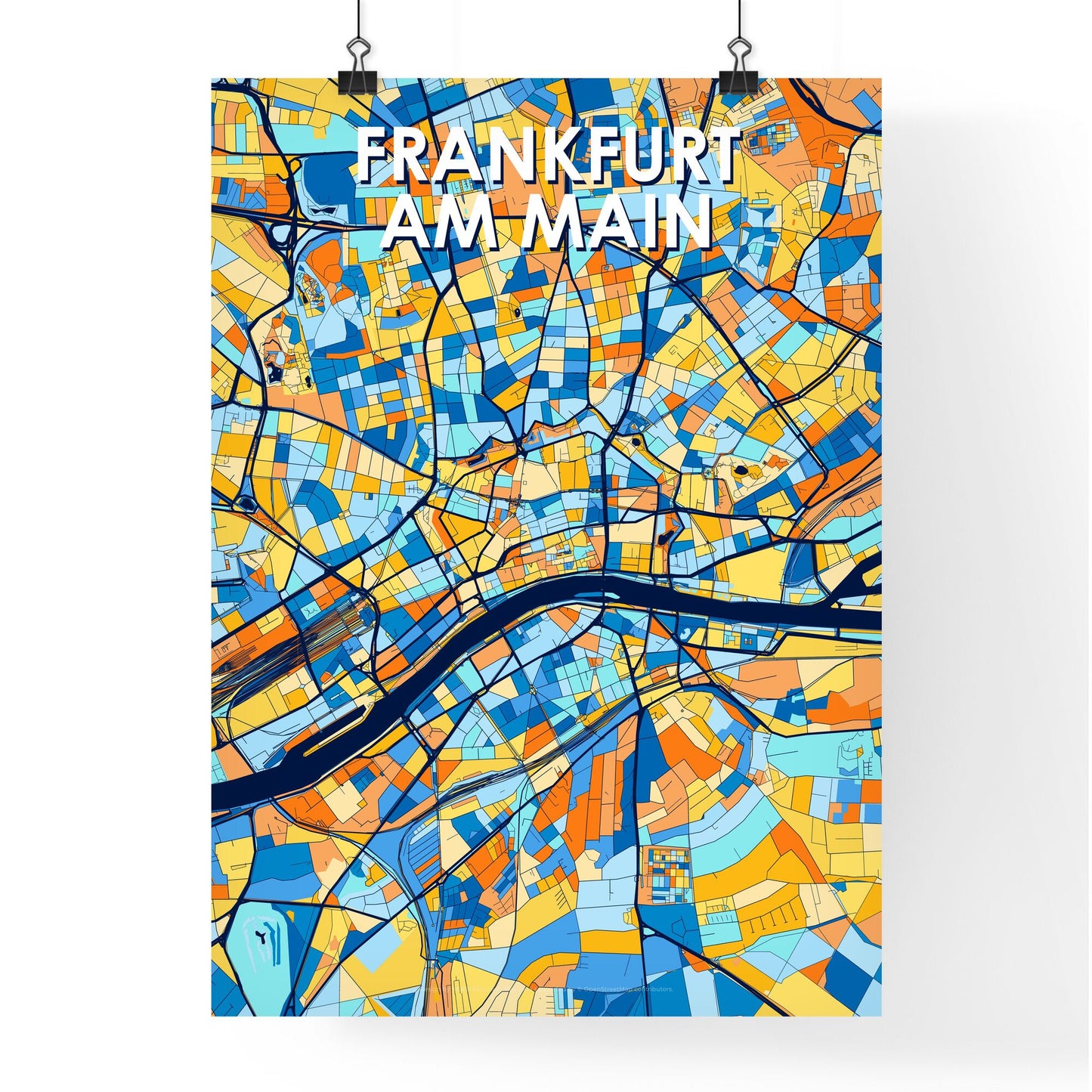 FRANKFURT AM MAIN GERMANY Vibrant Colorful Art Map Poster Blue Orange