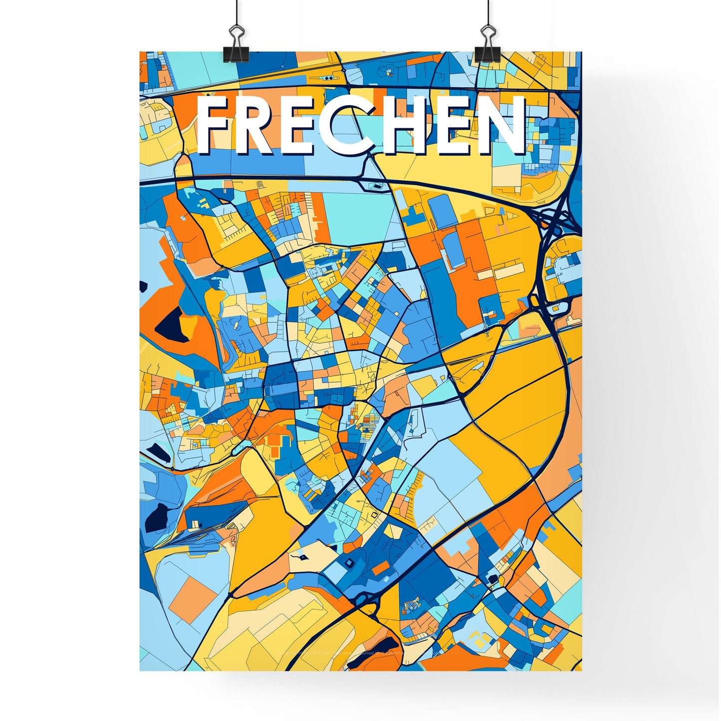 FRECHEN GERMANY Vibrant Colorful Art Map Poster Blue Orange