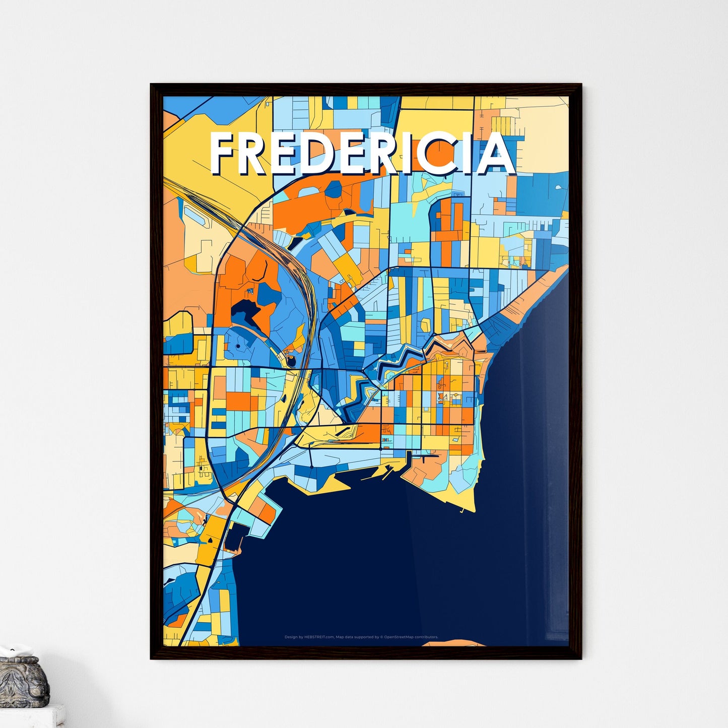 FREDERICIA DENMARK Vibrant Colorful Art Map Poster Blue Orange