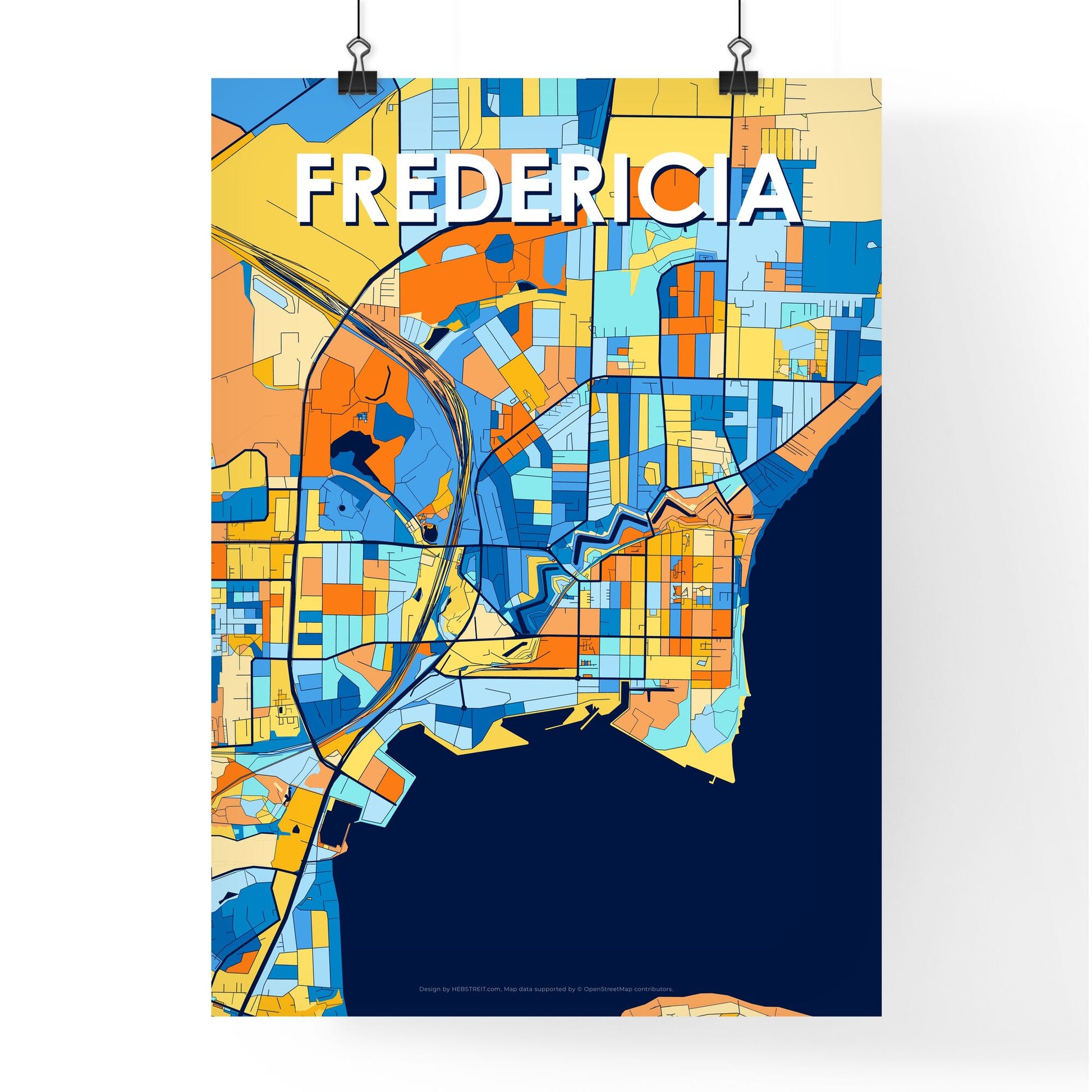 FREDERICIA DENMARK Vibrant Colorful Art Map Poster Blue Orange