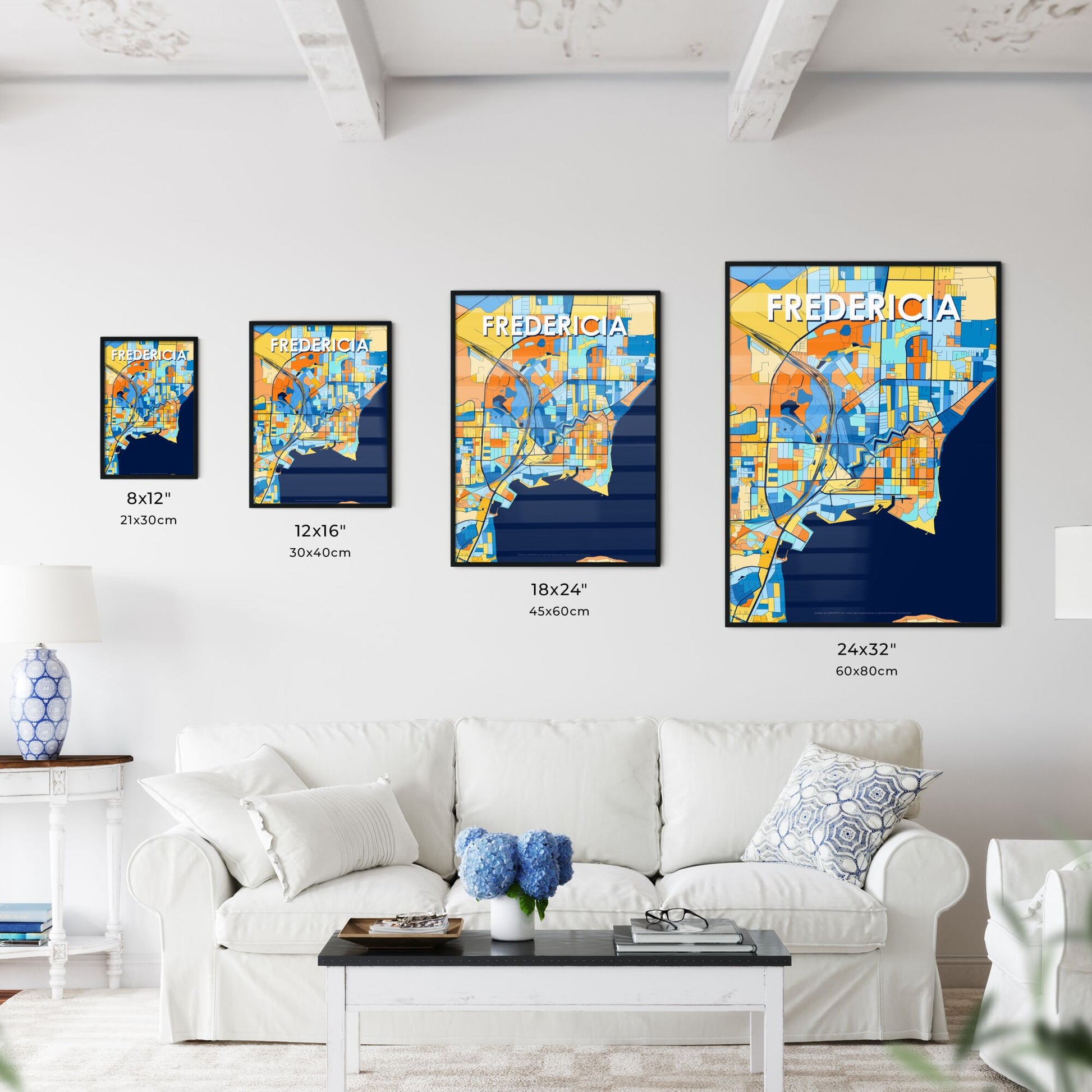 FREDERICIA DENMARK Vibrant Colorful Art Map Poster Blue Orange