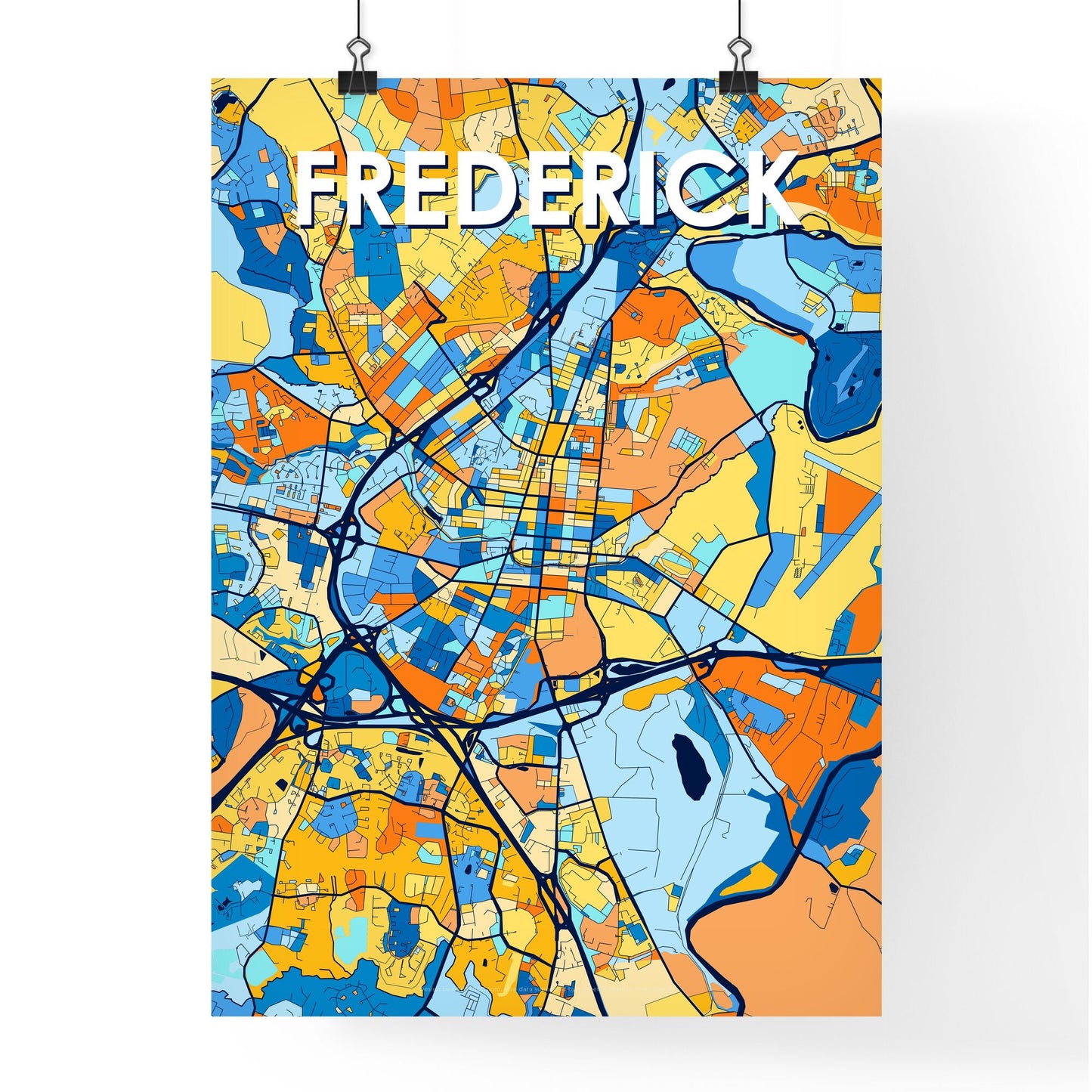 FREDERICK MARYLAND Vibrant Colorful Art Map Poster Blue Orange