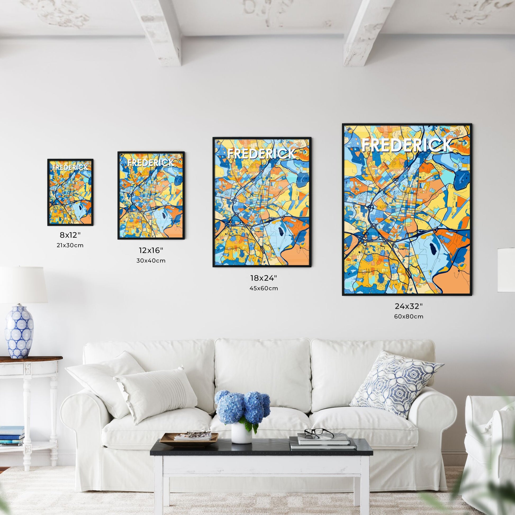 FREDERICK MARYLAND Vibrant Colorful Art Map Poster Blue Orange