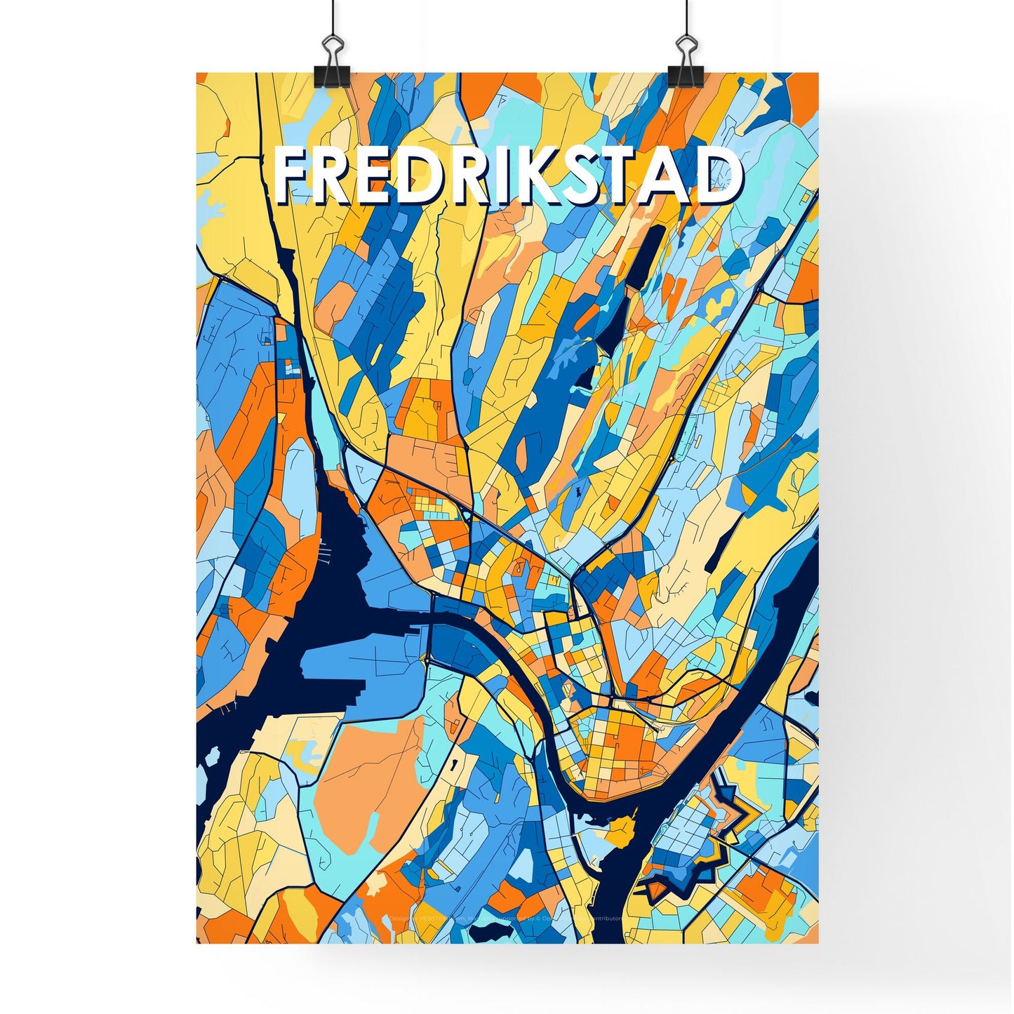 FREDRIKSTAD NORWAY Vibrant Colorful Art Map Poster Blue Orange