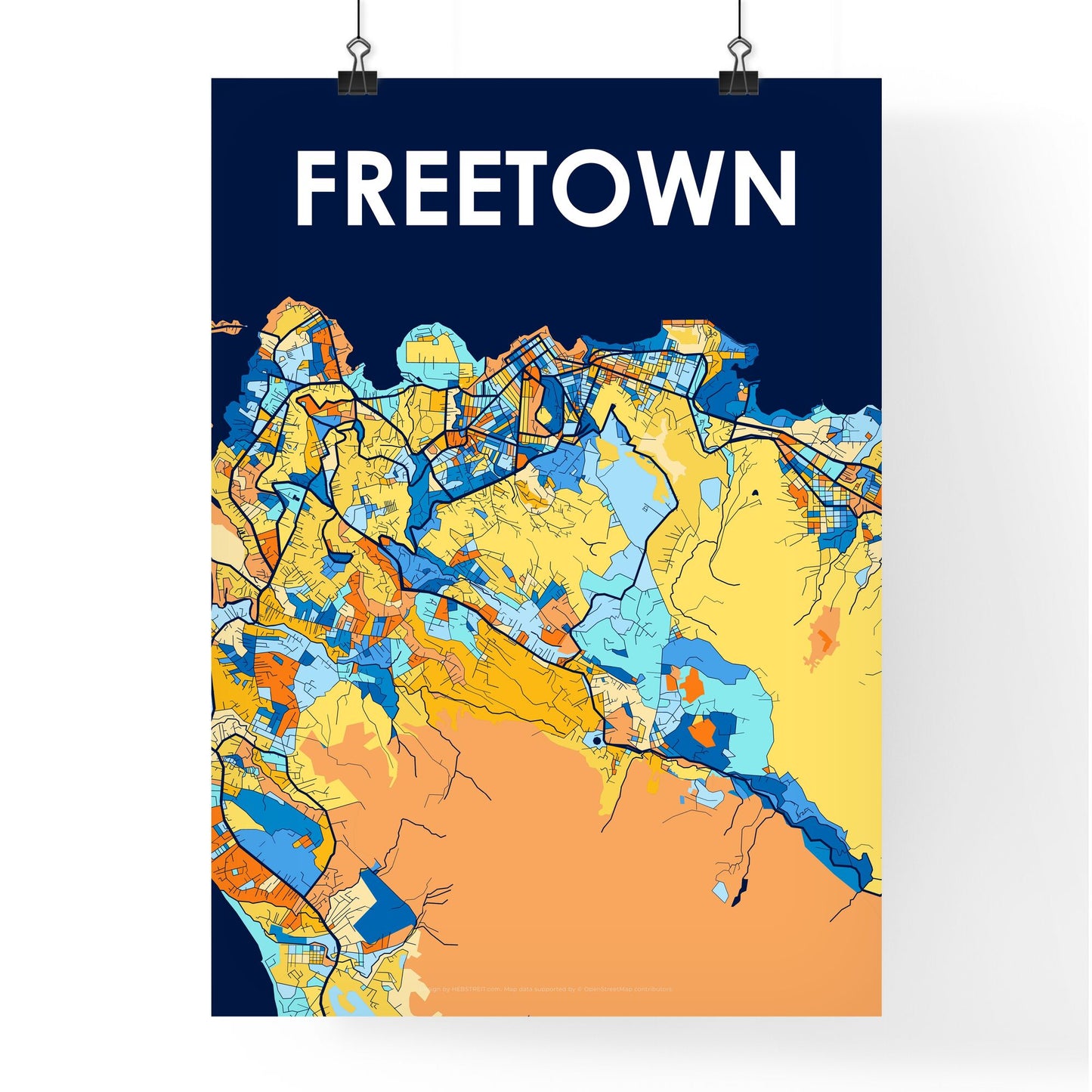 FREETOWN SIERRA LEONE Vibrant Colorful Art Map Poster Blue Orange