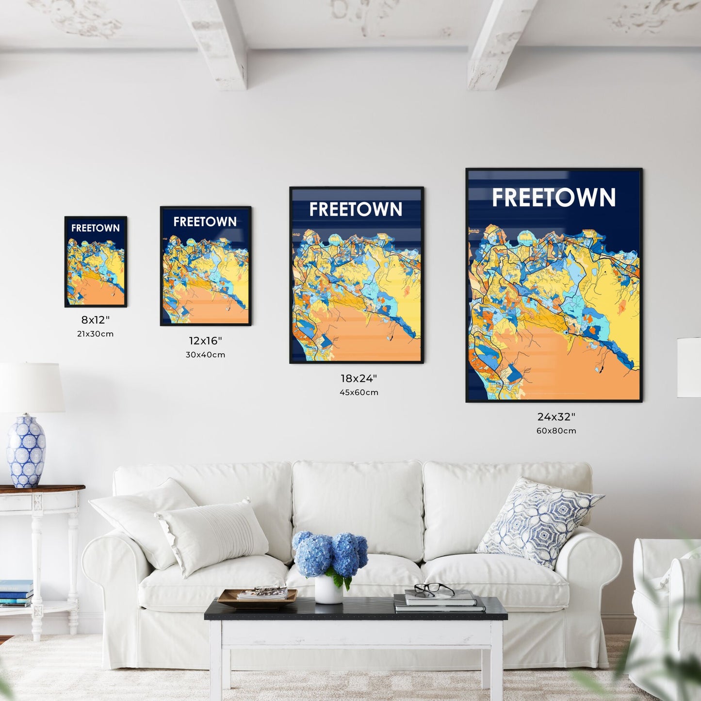 FREETOWN SIERRA LEONE Vibrant Colorful Art Map Poster Blue Orange