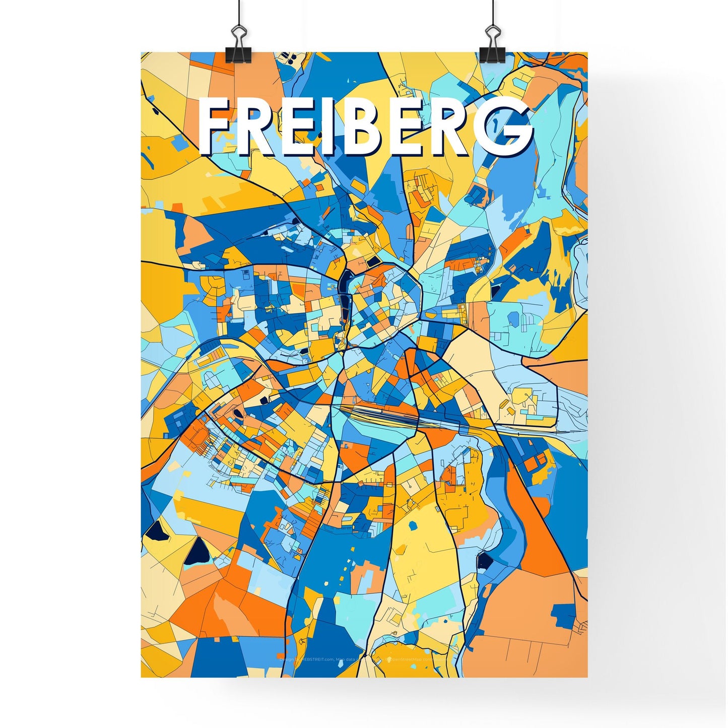 FREIBERG GERMANY Vibrant Colorful Art Map Poster Blue Orange