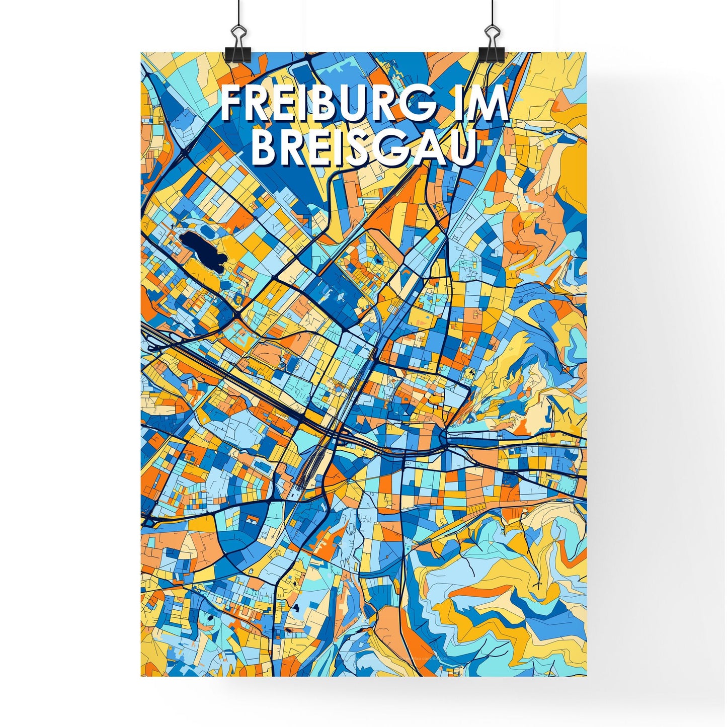 FREIBURG IM BREISGAU GERMANY Vibrant Colorful Art Map Poster Blue Orange