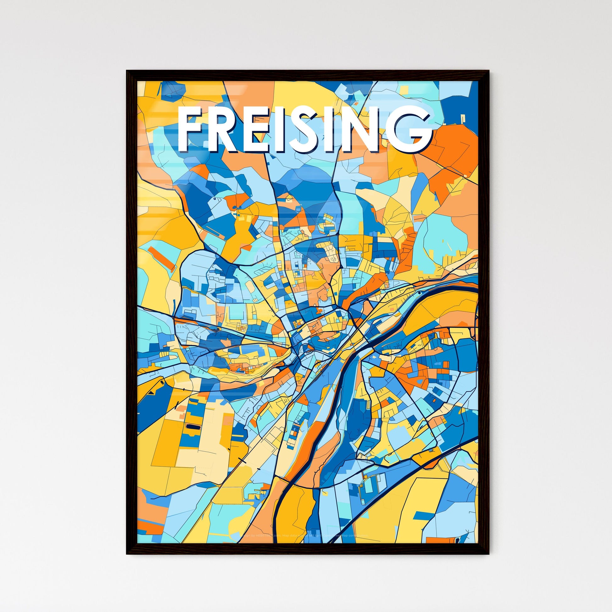 FREISING GERMANY Vibrant Colorful Art Map Poster Blue Orange