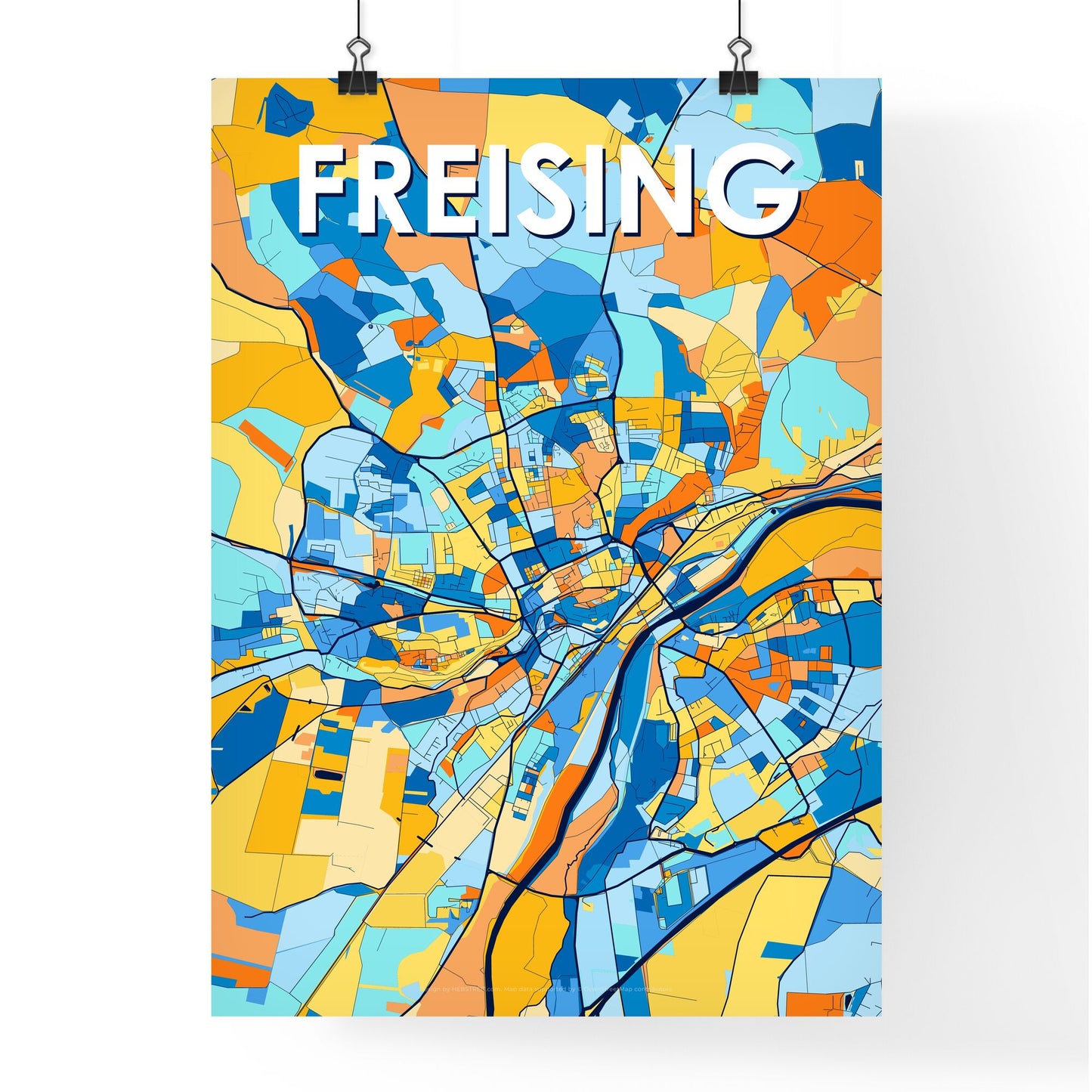 FREISING GERMANY Vibrant Colorful Art Map Poster Blue Orange