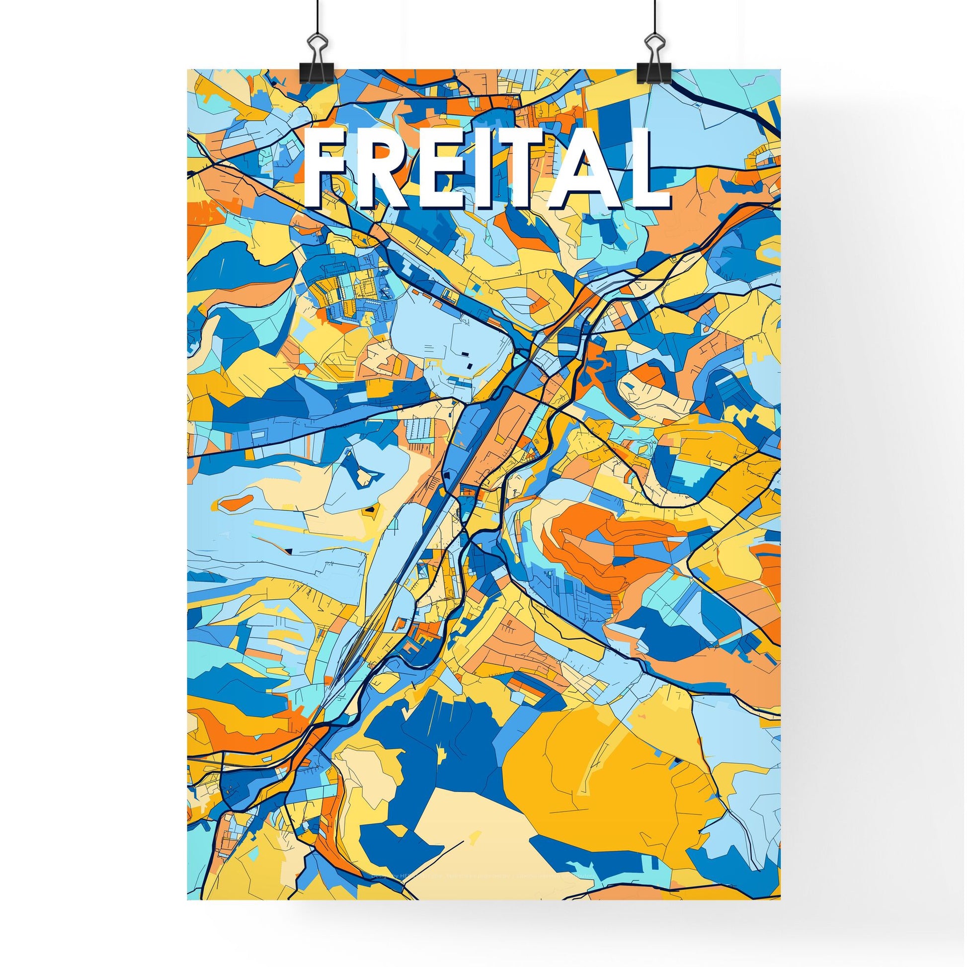 FREITAL GERMANY Vibrant Colorful Art Map Poster Blue Orange